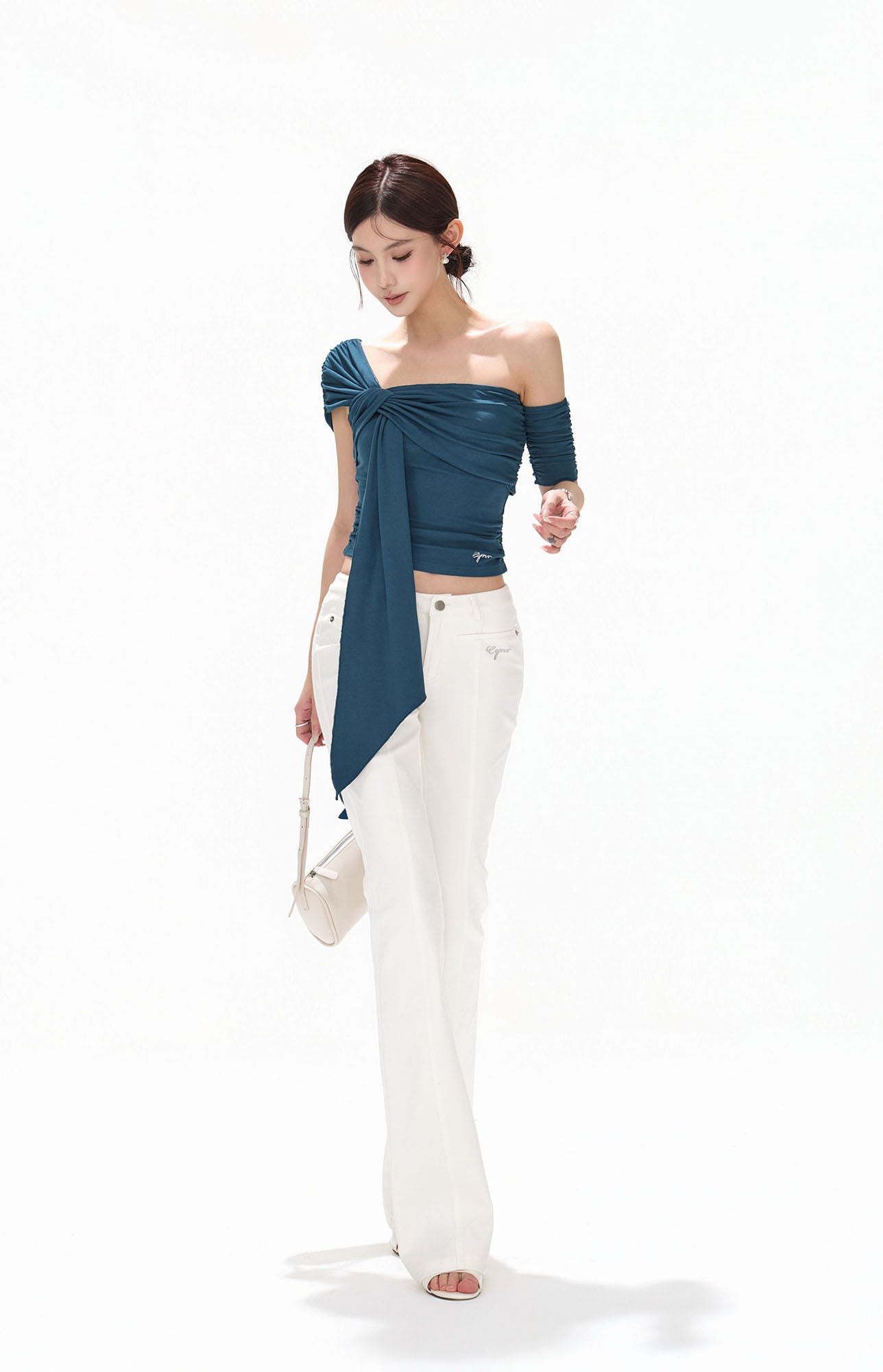 CYNR Twist-Drape Off-Shoulder Top Blue