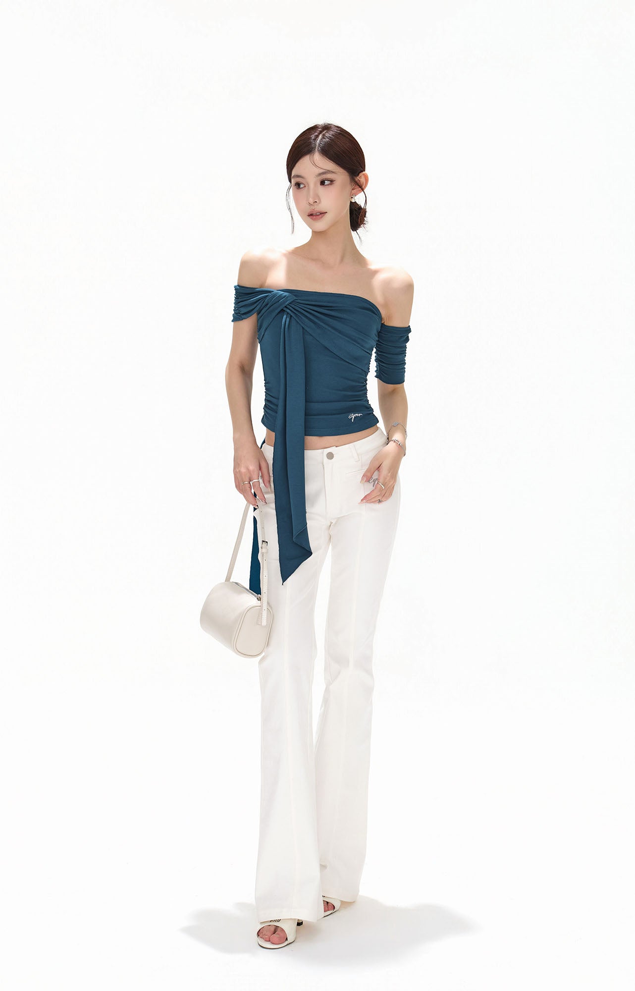 CYNR Twist-Drape Off-Shoulder Top Blue