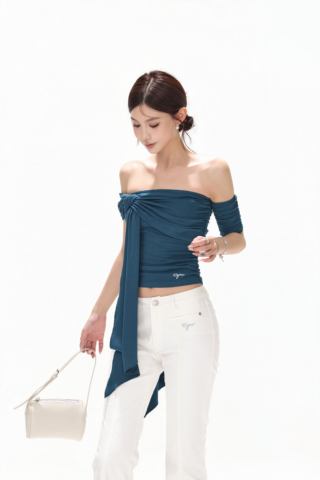 CYNR Twist-Drape Off-Shoulder Top Blue