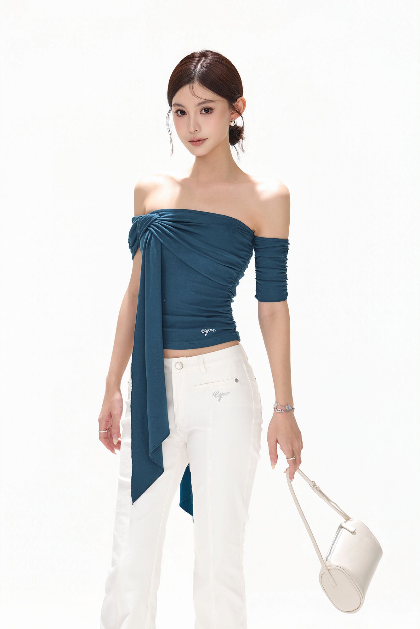 CYNR Twist-Drape Off-Shoulder Top Blue