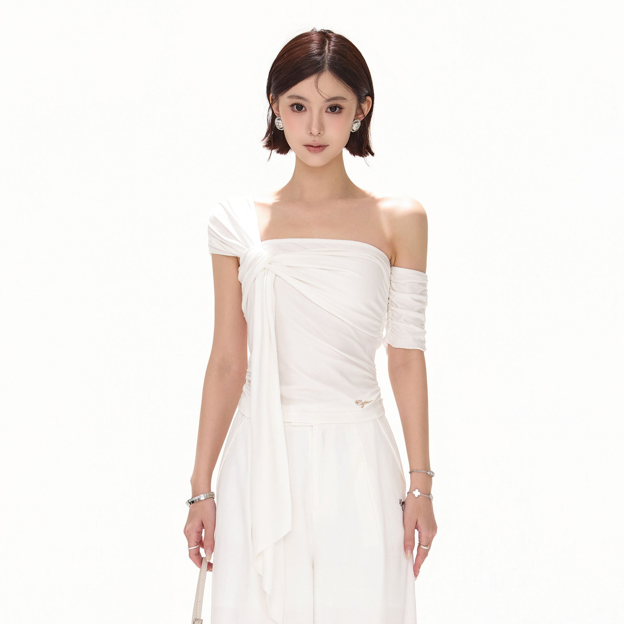 CYNR Twist-Drape Off-Shoulder Top White