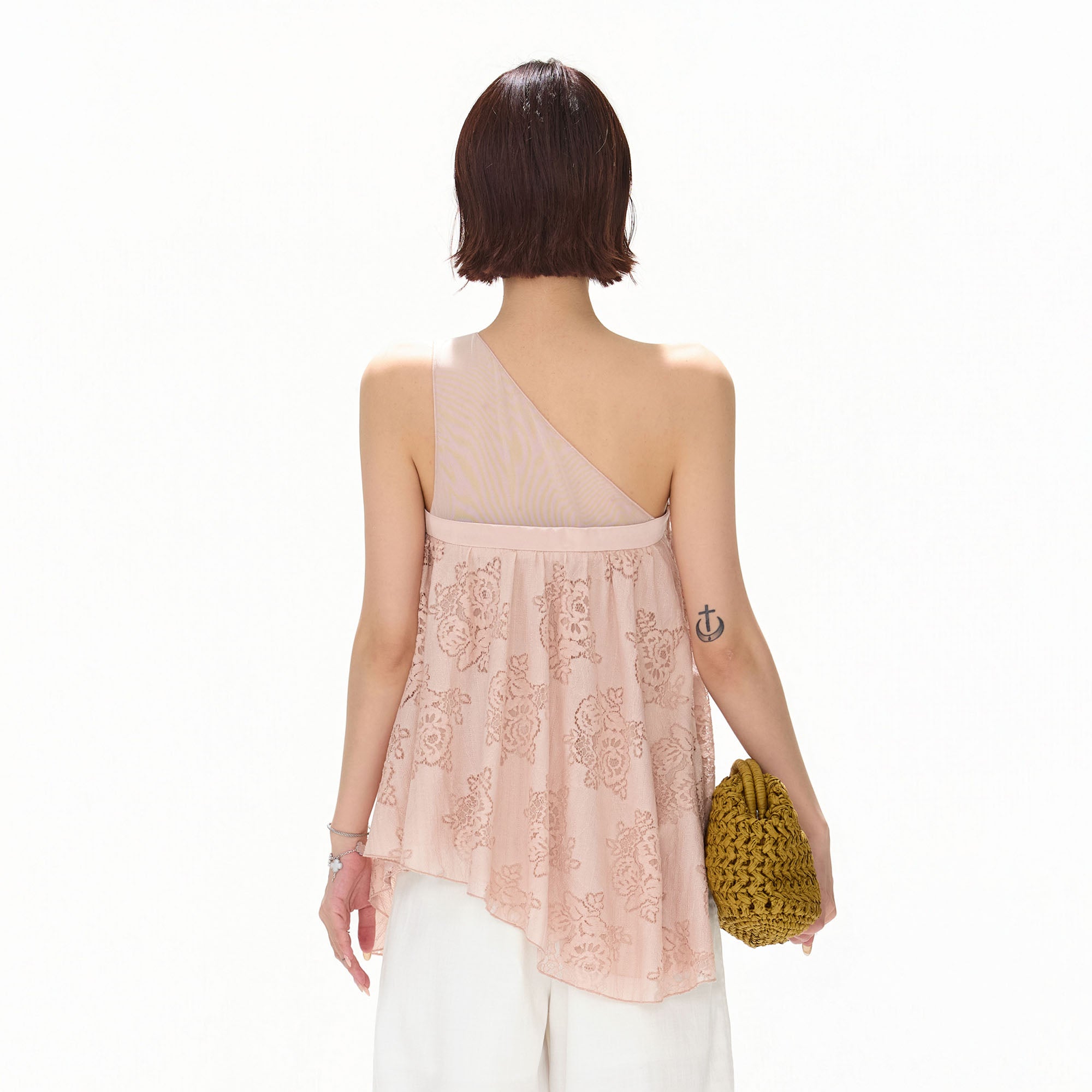 CYNR Asymmetrical Floral Lace Ruffle Top