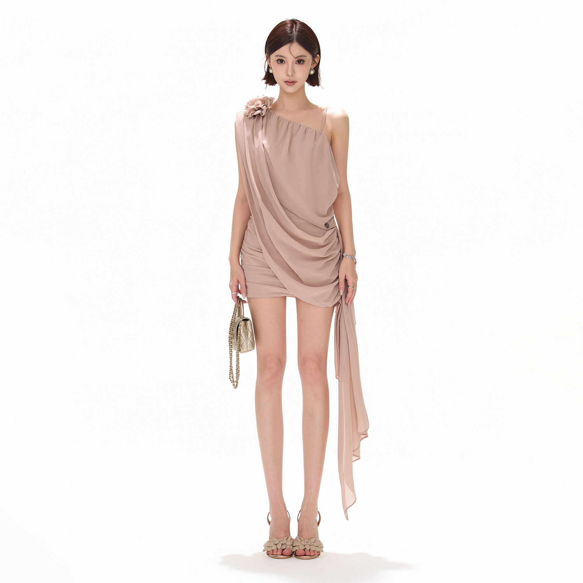 CYNR Rosette One-Shoulder Ruched Mini Dress Dusty Pink