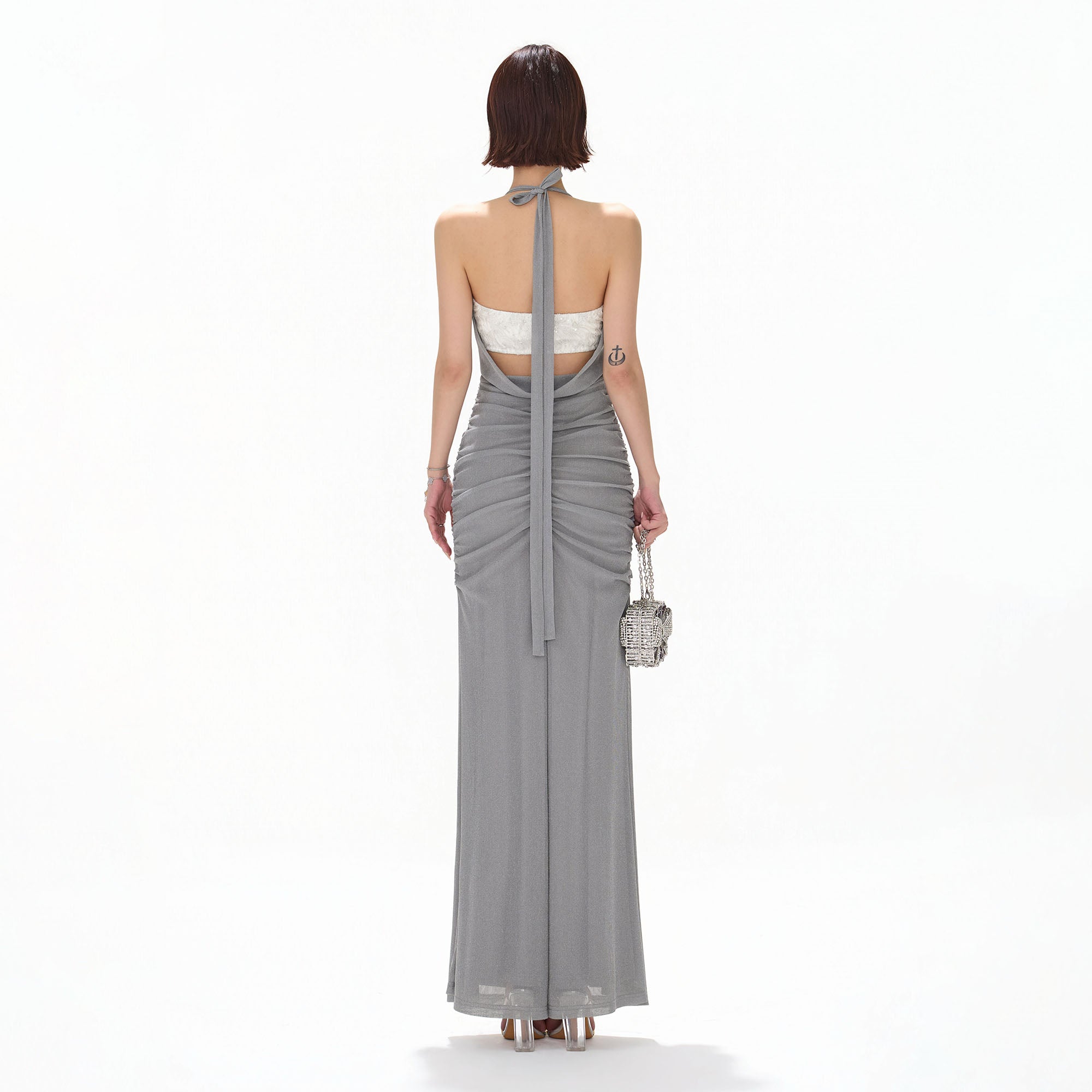 CYNR Sequin Bandeau Ruched Halter Maxi Dress Gray