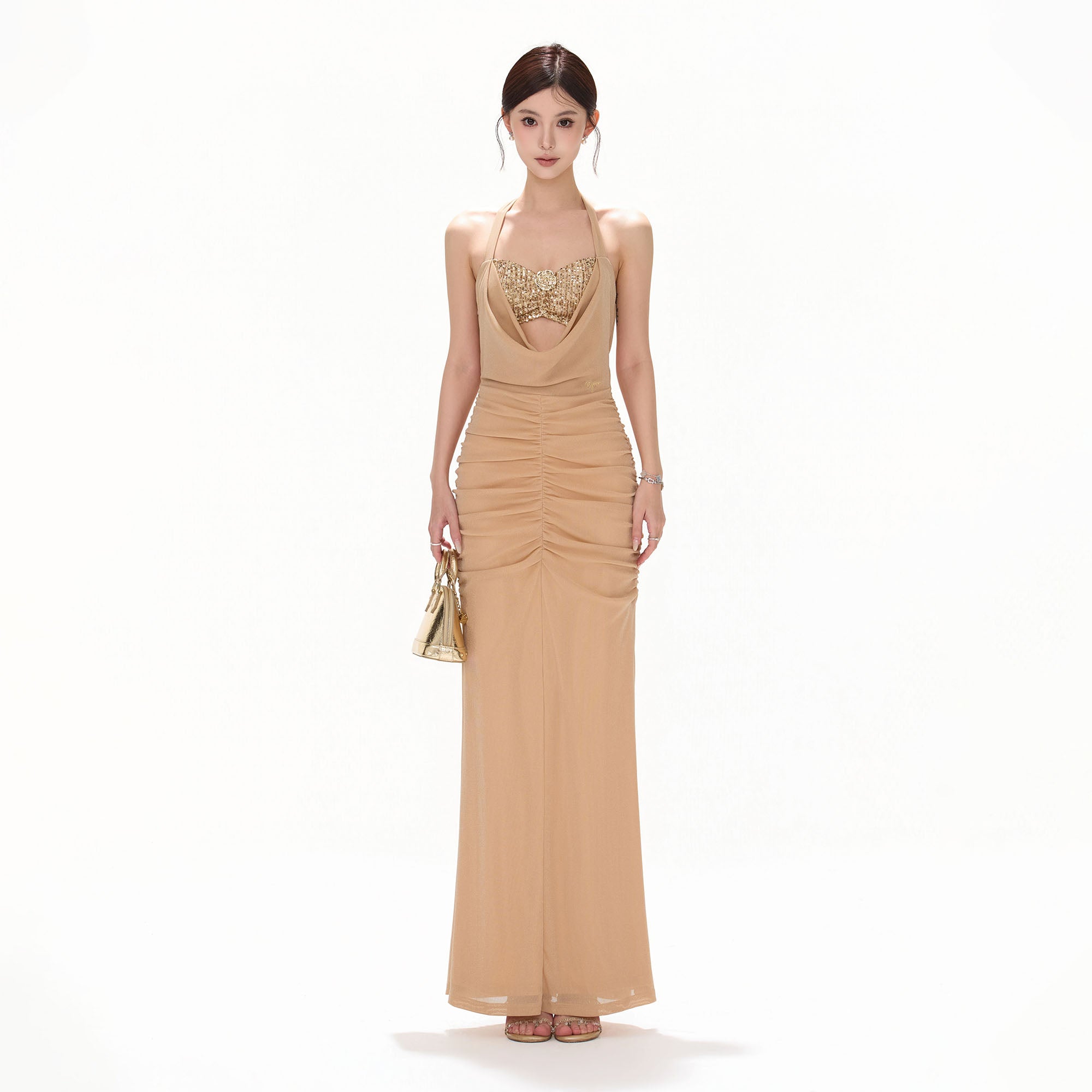 CYNR Sequin Bandeau Ruched Halter Maxi Dress Champagne