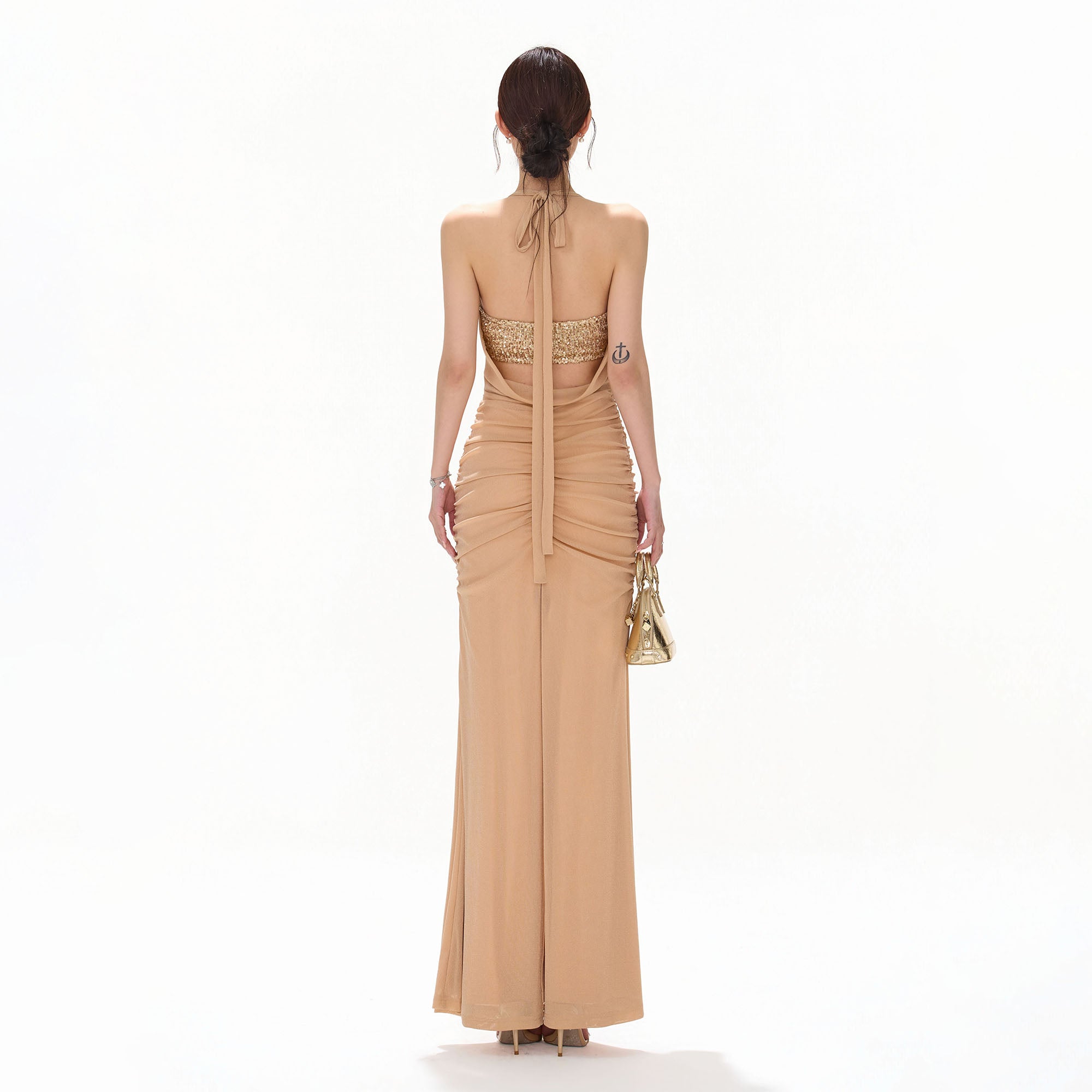 CYNR Sequin Bandeau Ruched Halter Maxi Dress Champagne