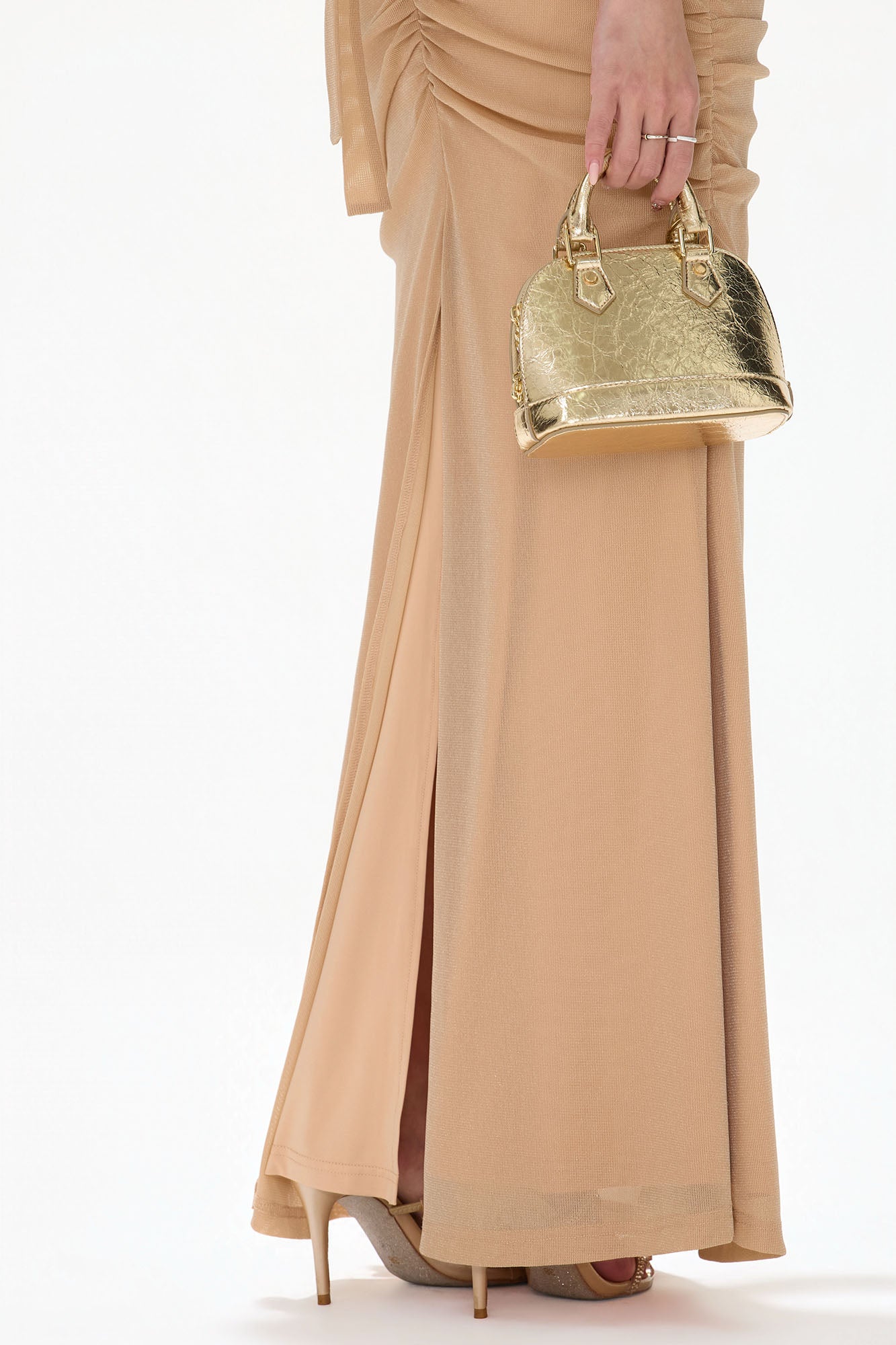 CYNR Sequin Bandeau Ruched Halter Maxi Dress Champagne