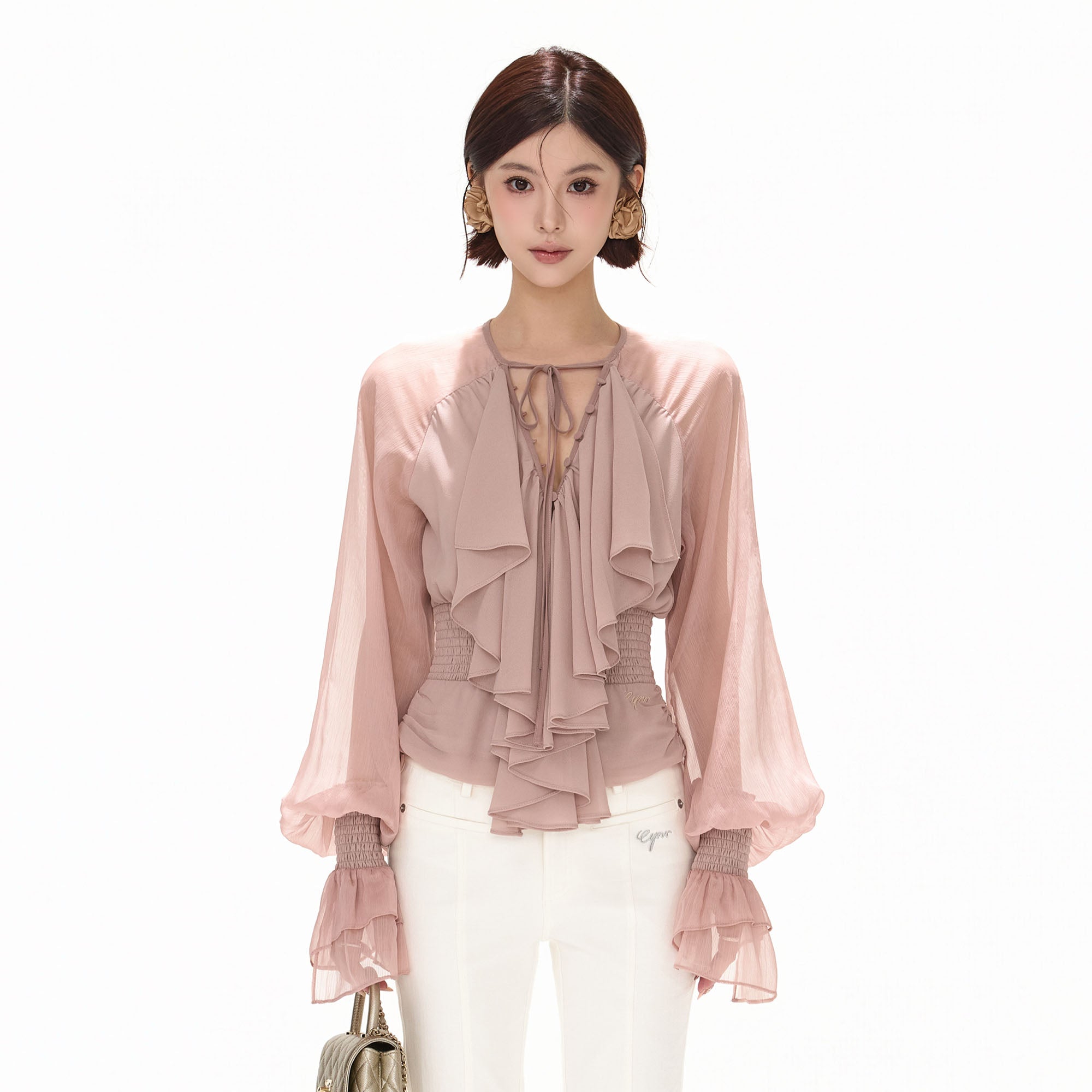 CYNR Ruffle Tie-Neck Smocked Blouse