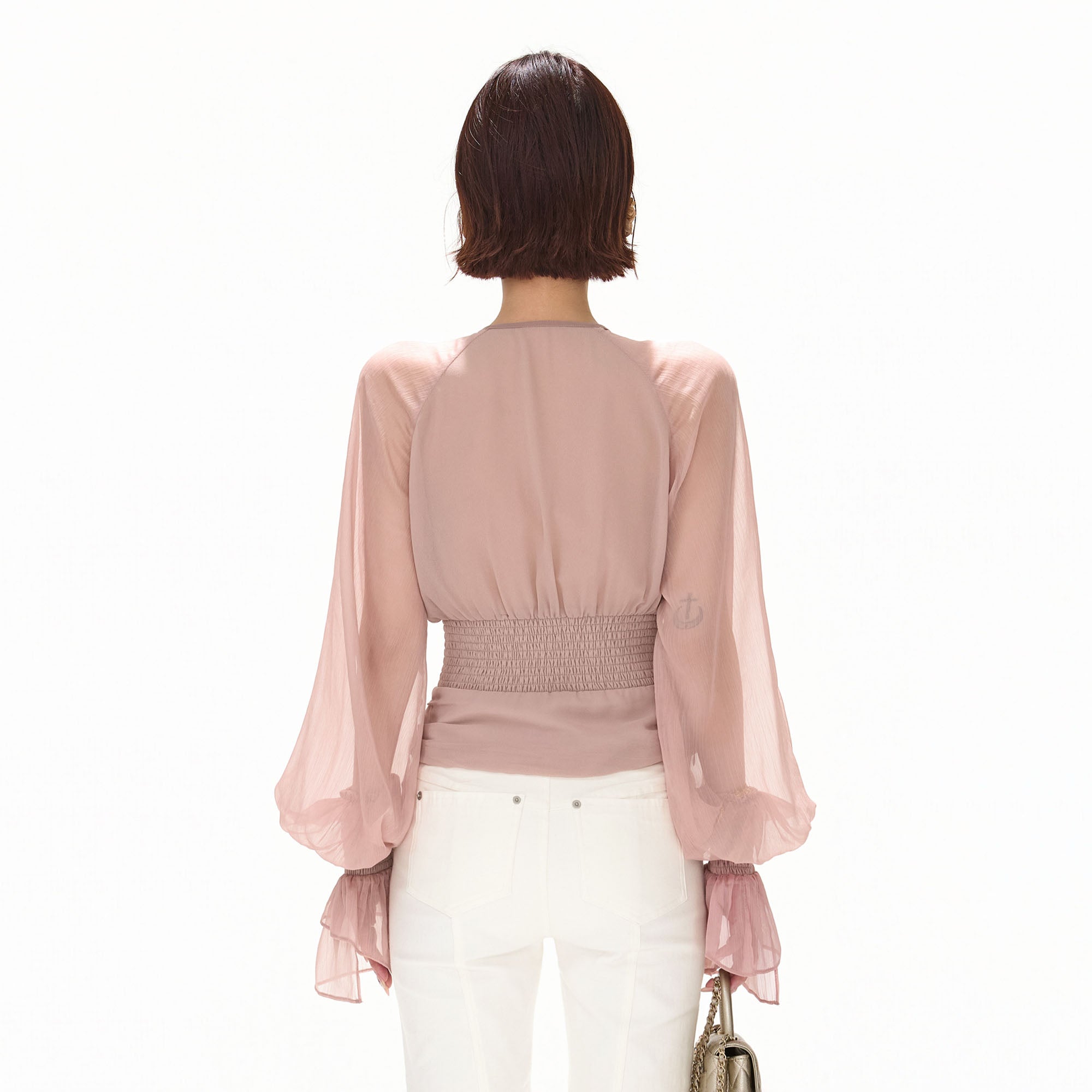 CYNR Ruffle Tie-Neck Smocked Blouse