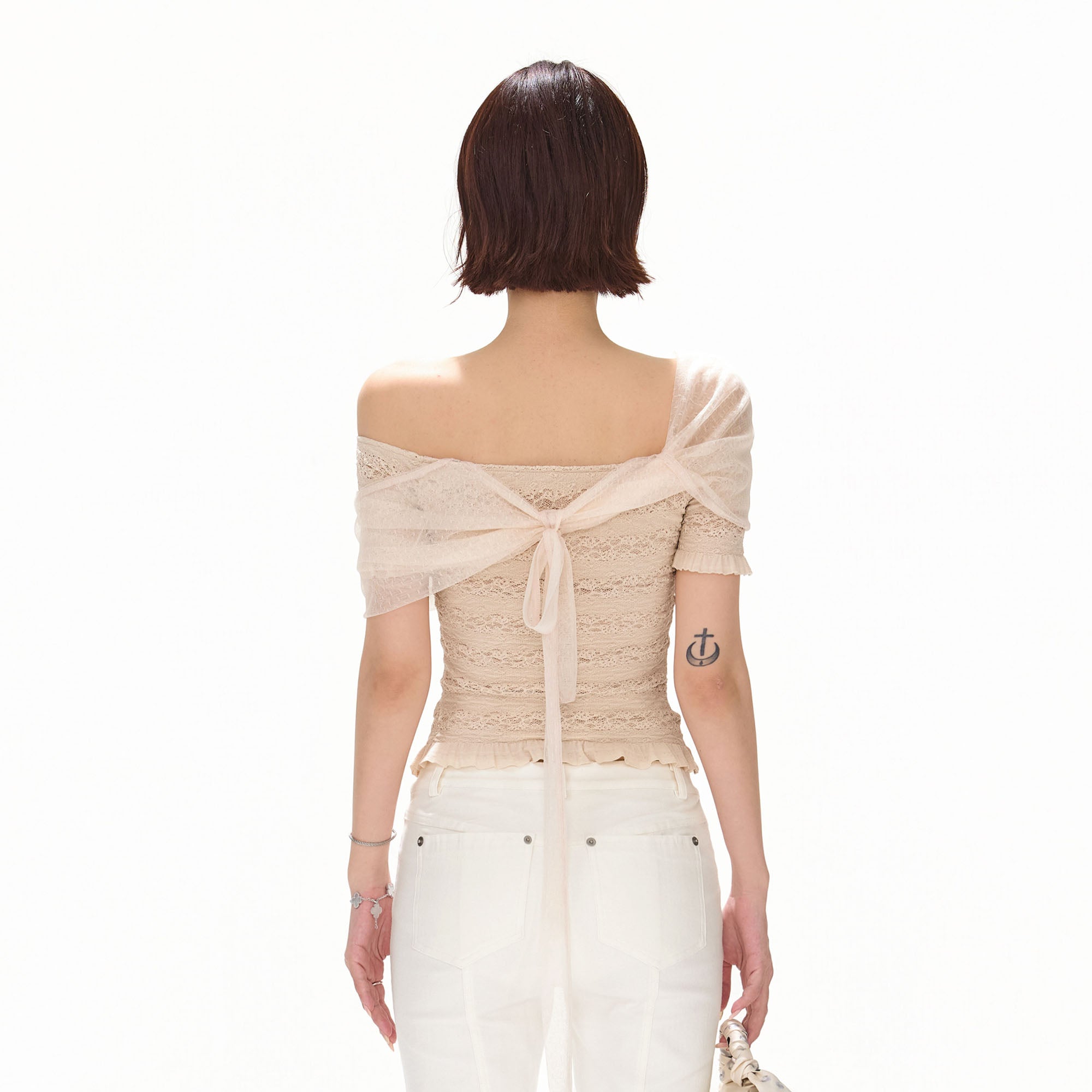 CYNR Sheer Draped Off-Shoulder Lace Top