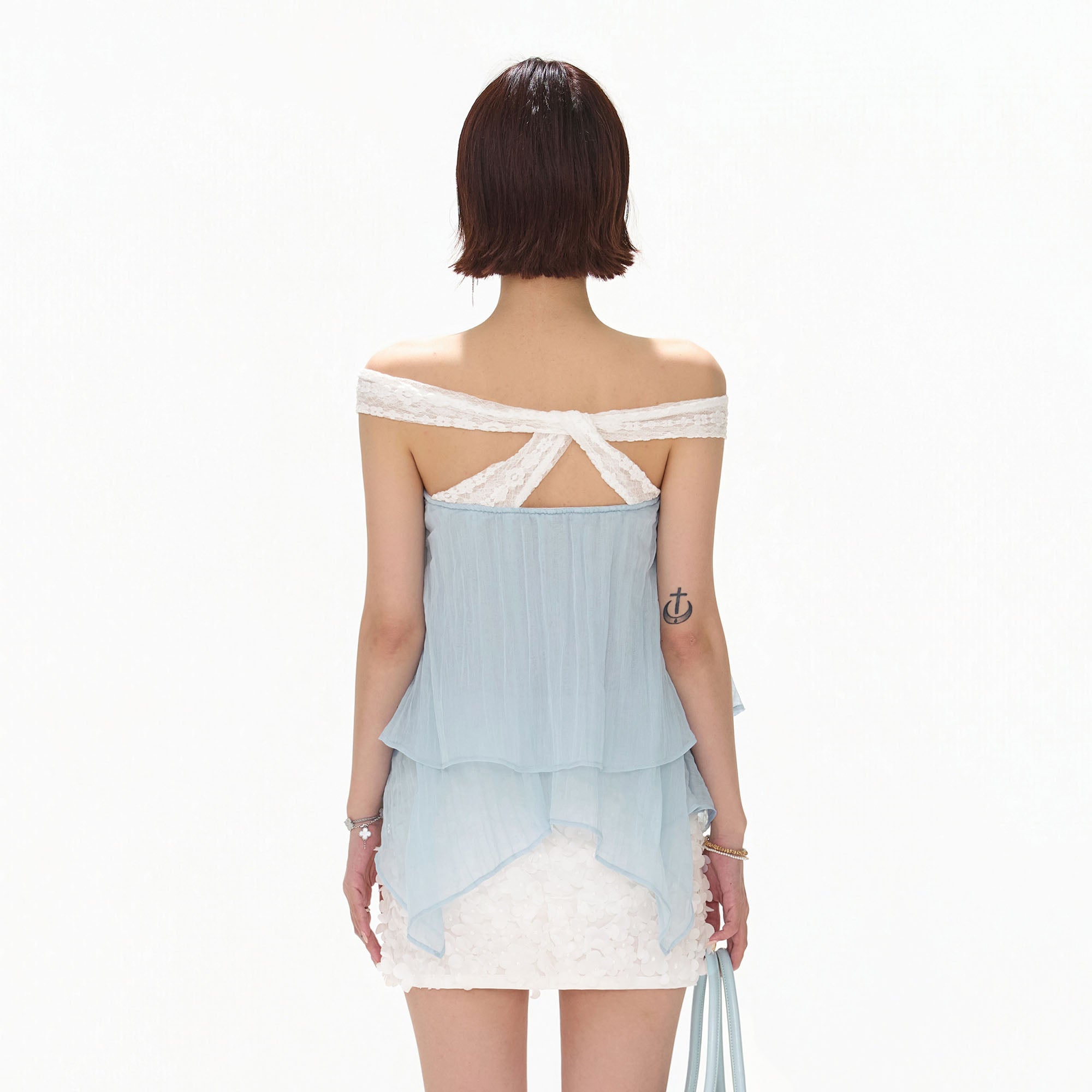CYNR Off-Shoulder Layered Chiffon Top Powder Blue