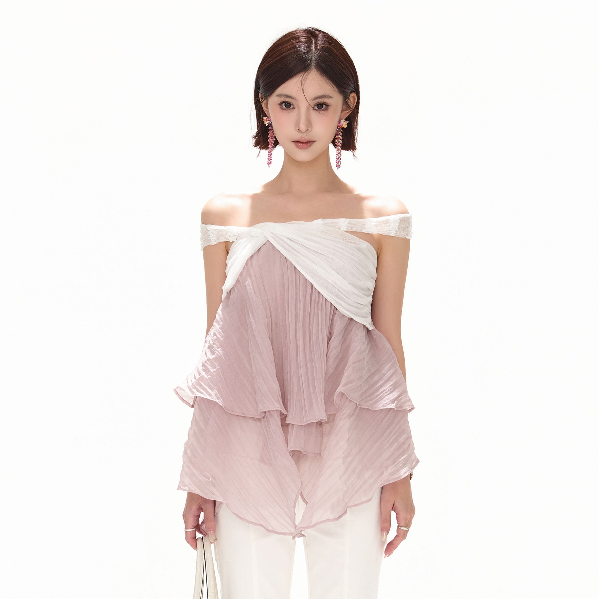 CYNR Off-Shoulder Layered Chiffon Top Light Lilac