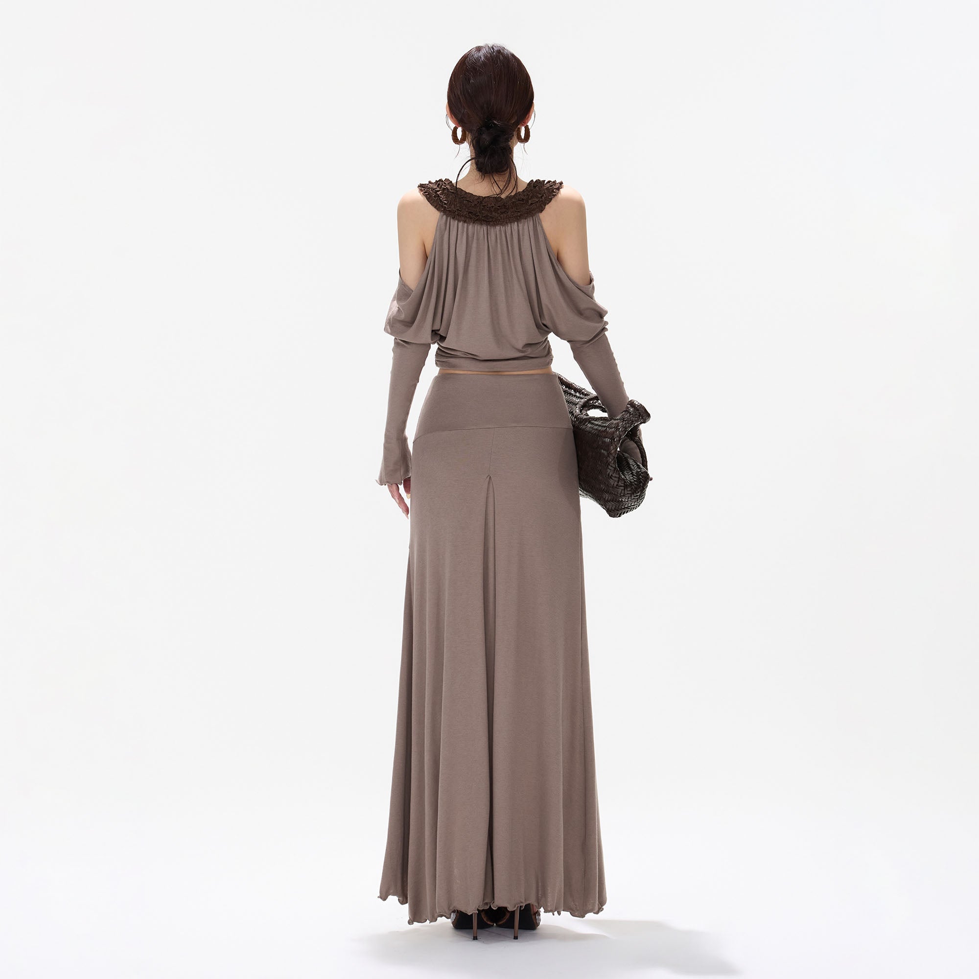 CYNR Ruffle-Trim Cold-Shoulder Top & Slit Maxi Skirt Set
