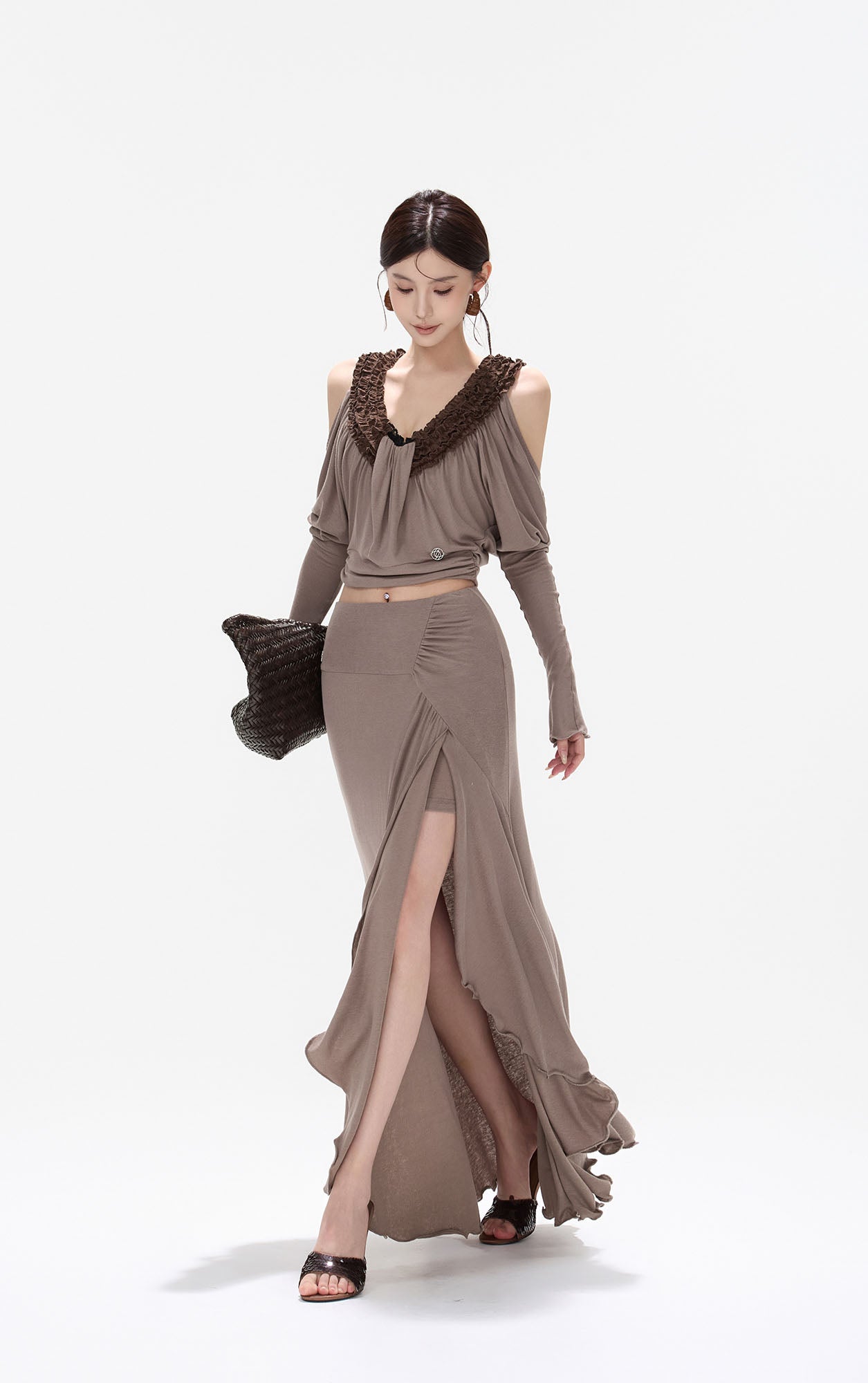 CYNR Ruffle-Trim Cold-Shoulder Top & Slit Maxi Skirt Set