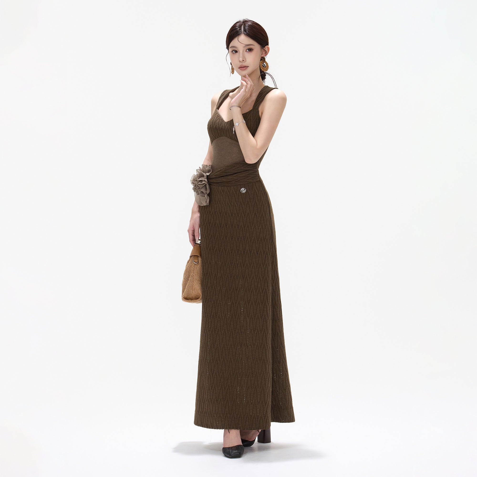 CYNR Mesh Panel Knit Maxi Dress