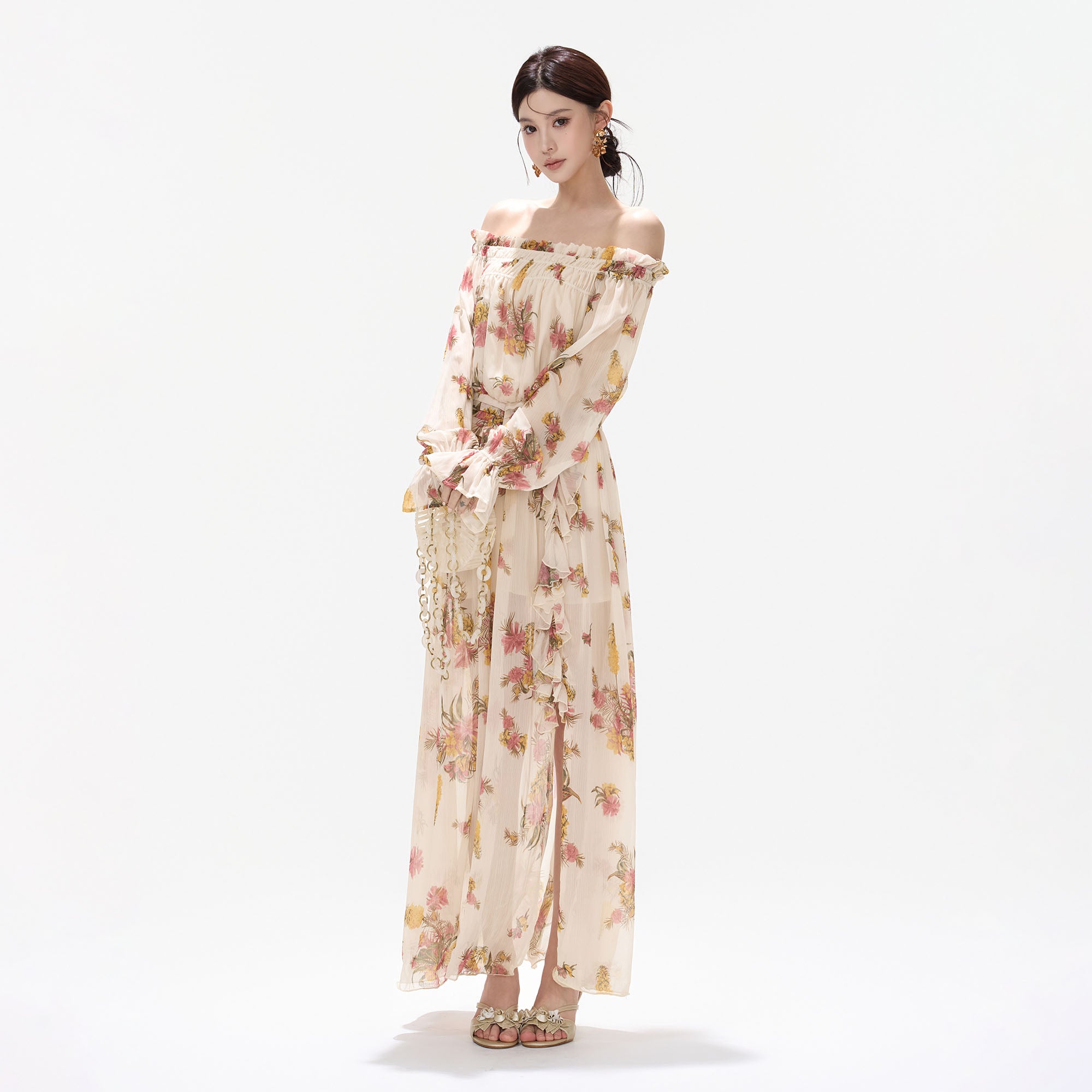 CYNR Off-Shoulder Floral Slit Maxi Dress
