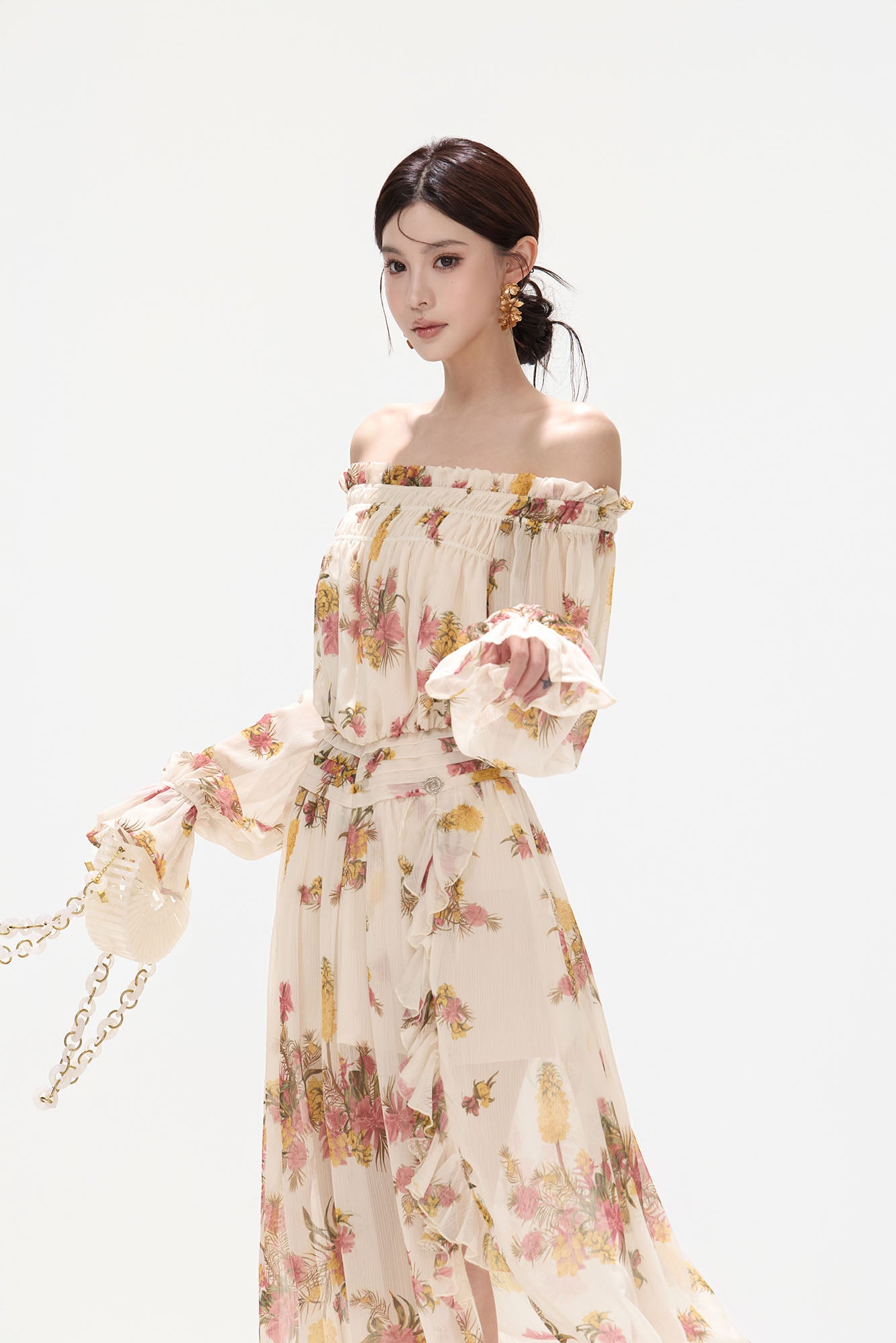 CYNR Off-Shoulder Floral Slit Maxi Dress
