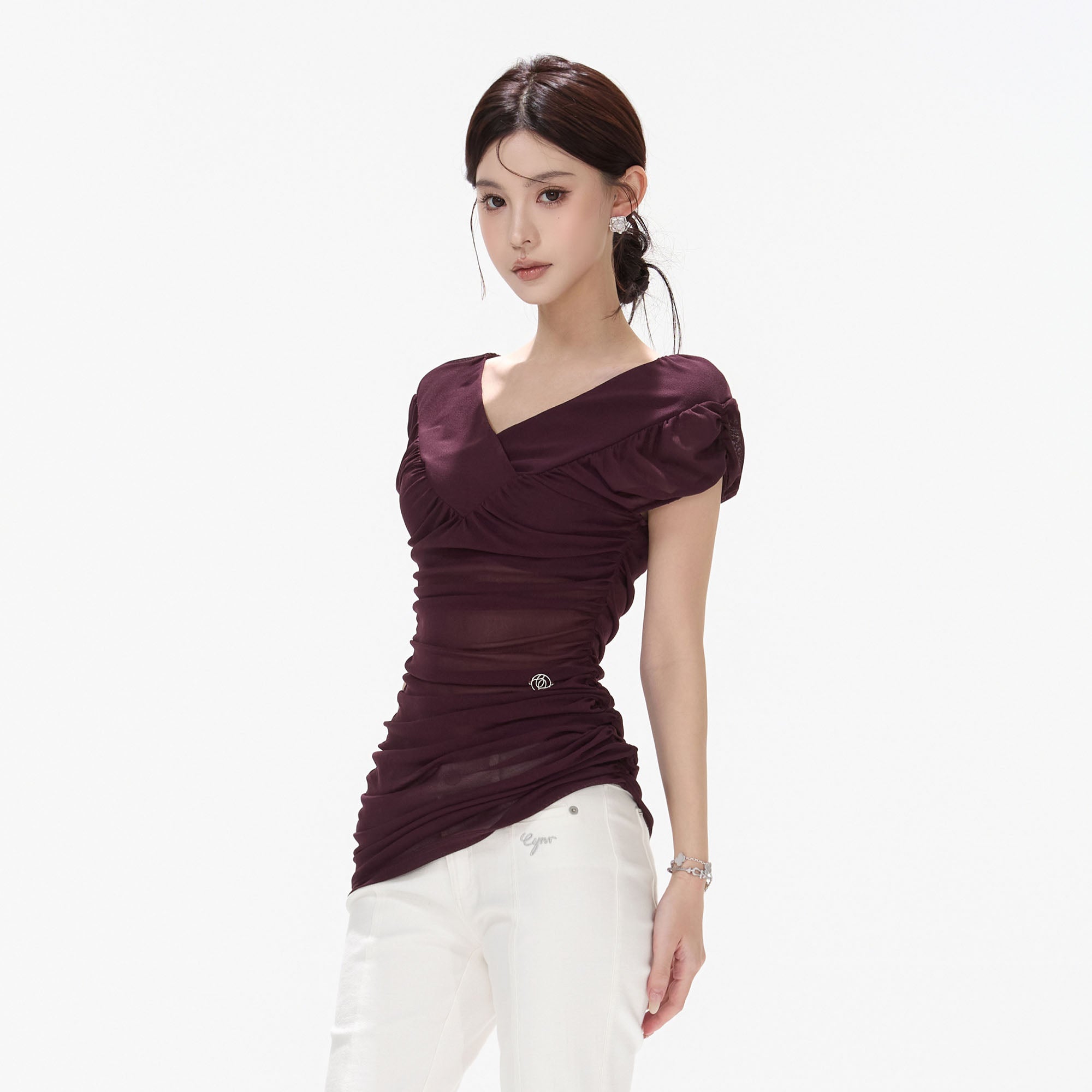 CYNR Mesh Layered Ruched Mini Dress