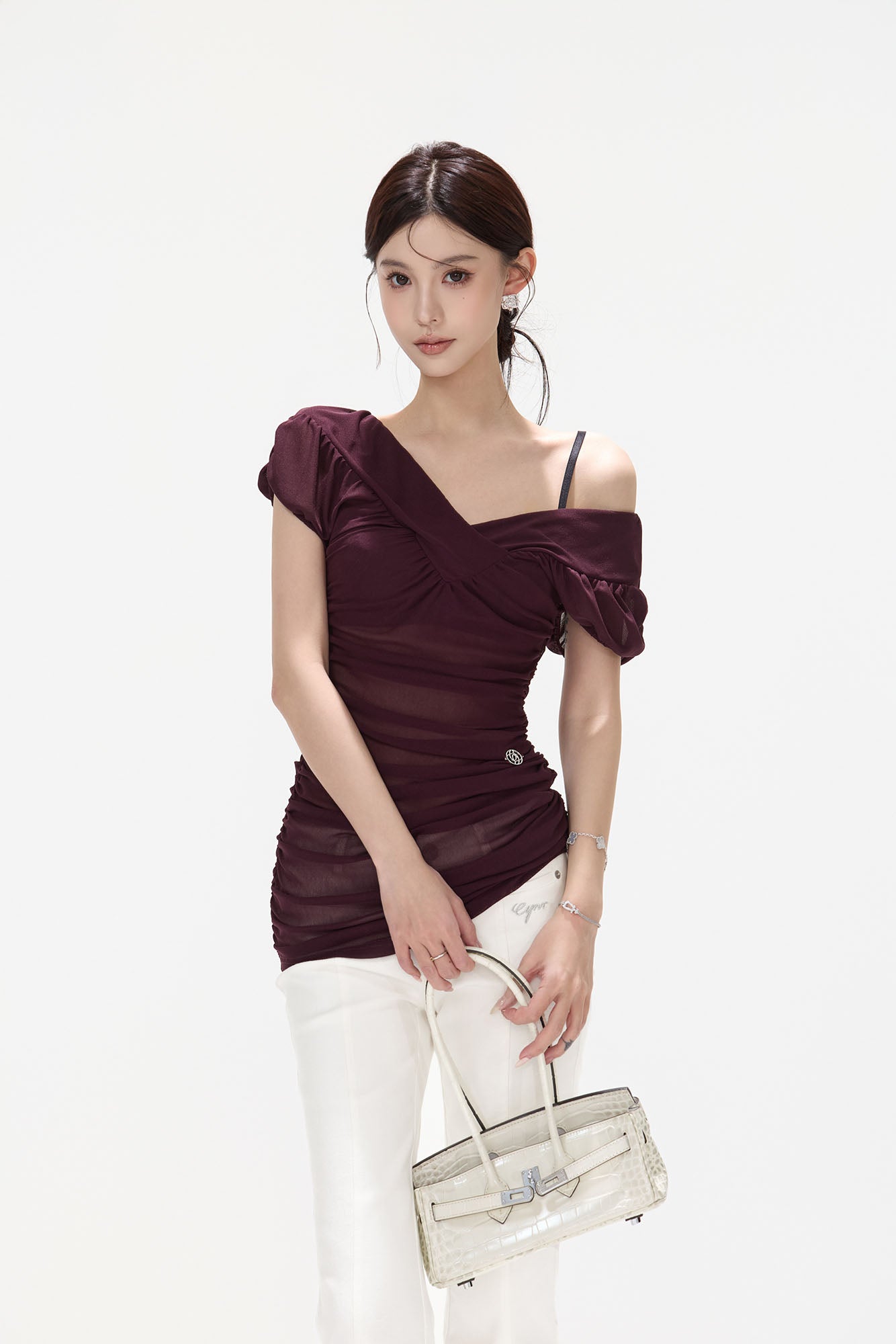CYNR Mesh Layered Ruched Mini Dress