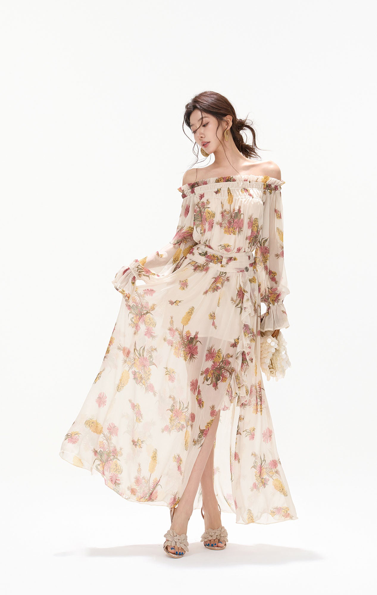 CYNR Off-Shoulder Floral Slit Maxi Dress