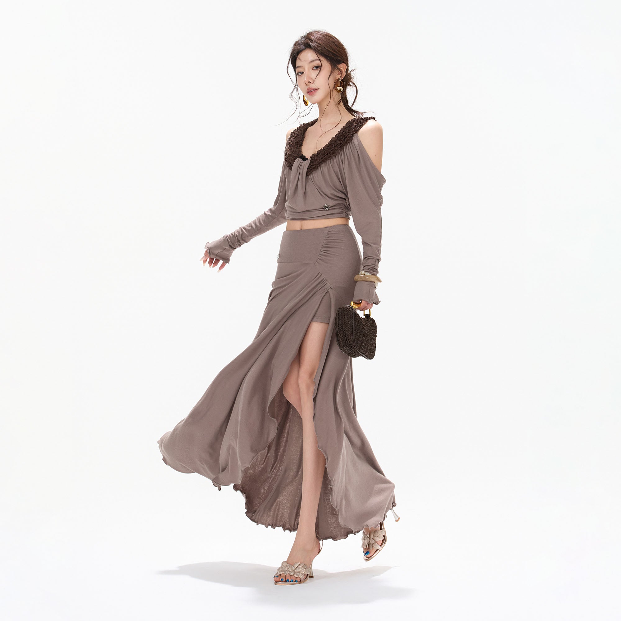 CYNR Ruffle-Trim Cold-Shoulder Top & Slit Maxi Skirt Set