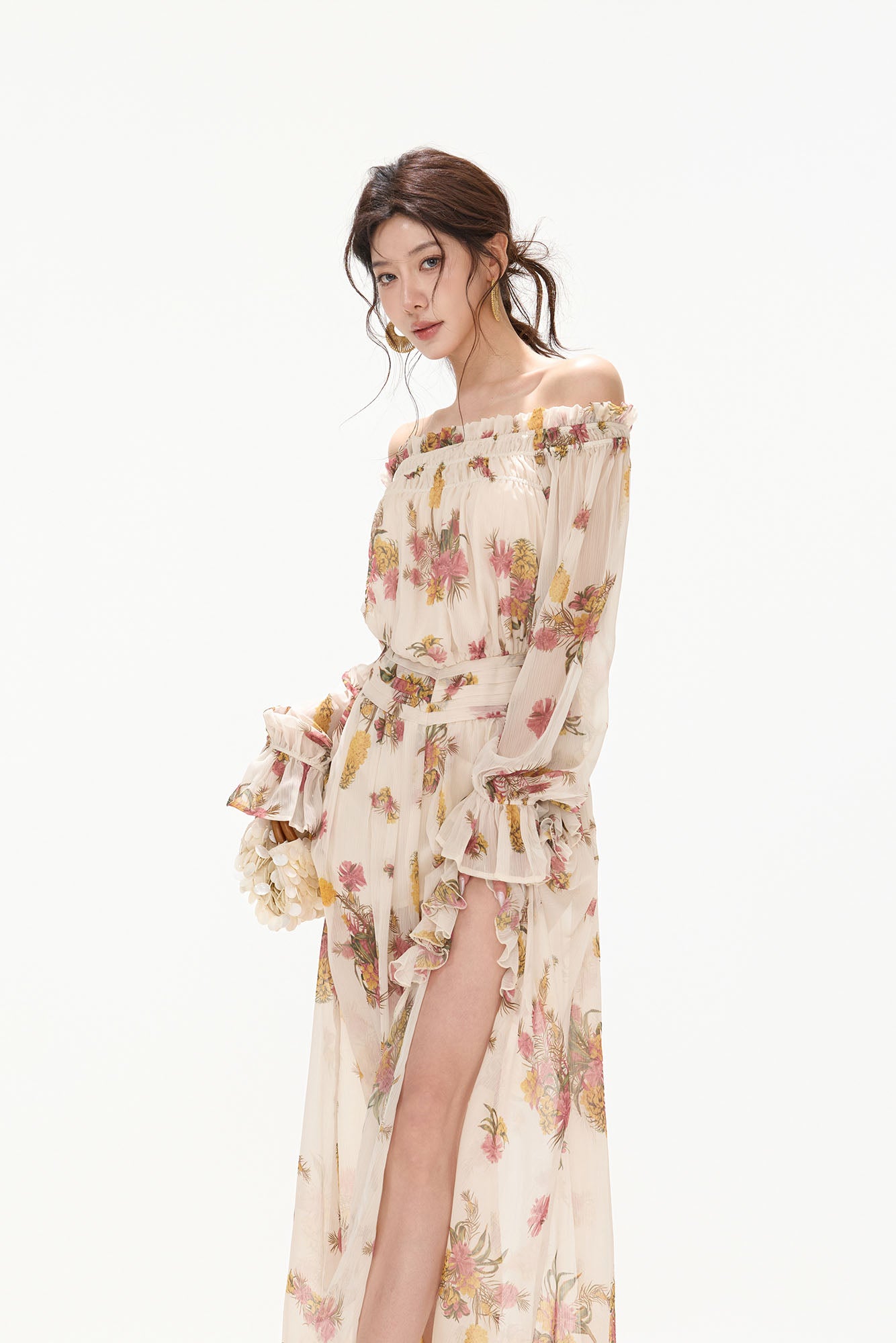 CYNR Off-Shoulder Floral Slit Maxi Dress