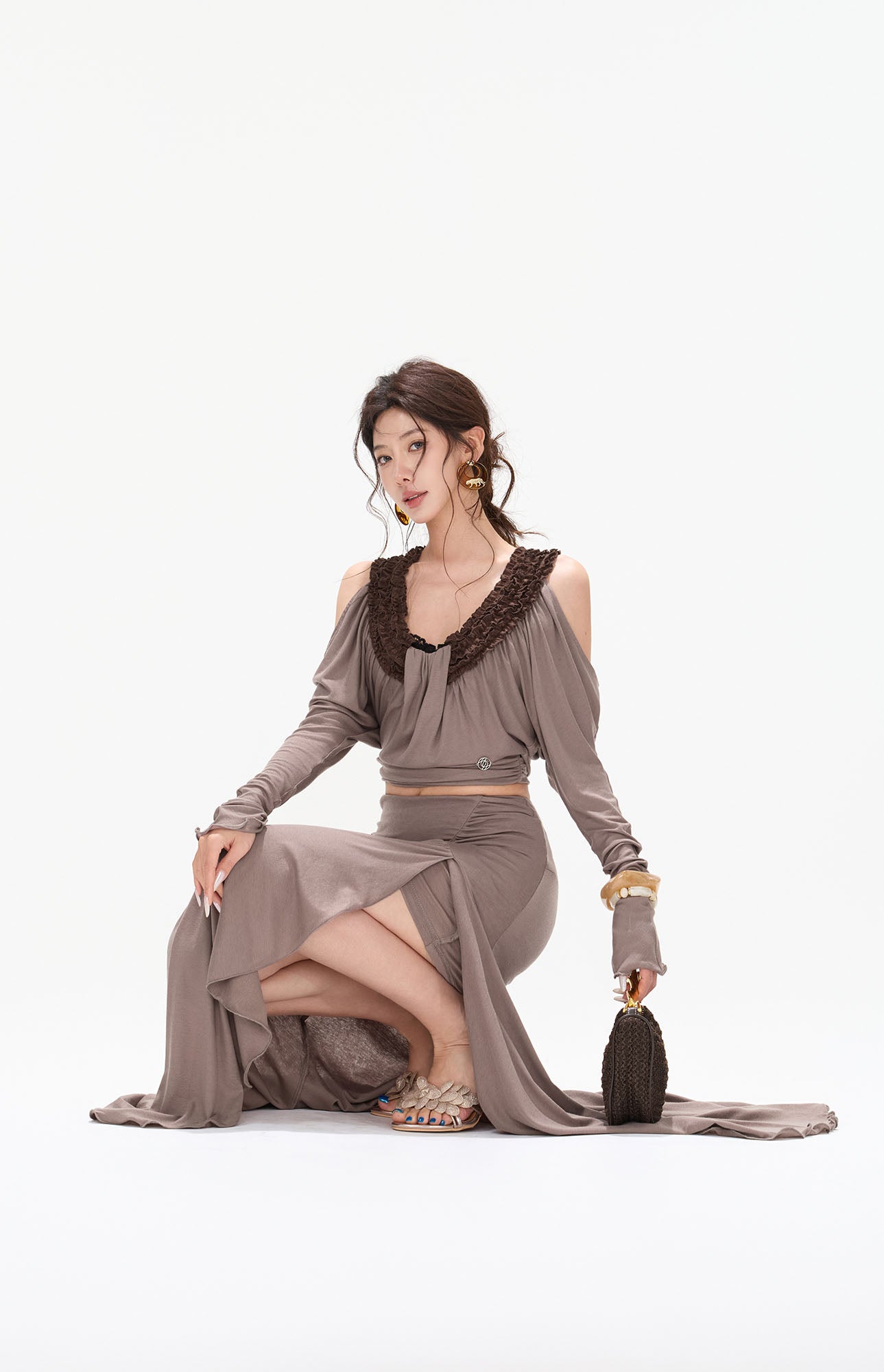 CYNR Ruffle-Trim Cold-Shoulder Top & Slit Maxi Skirt Set