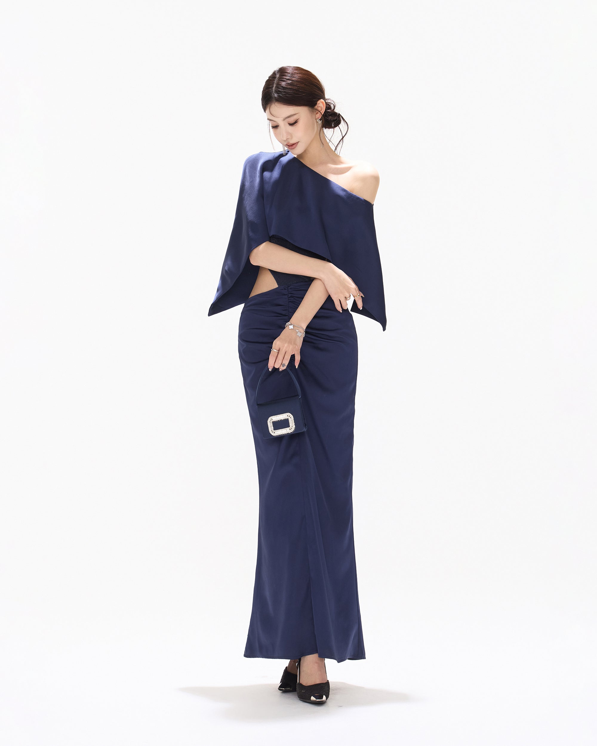 CYNR Cape-Drape Ruched Satin Dress