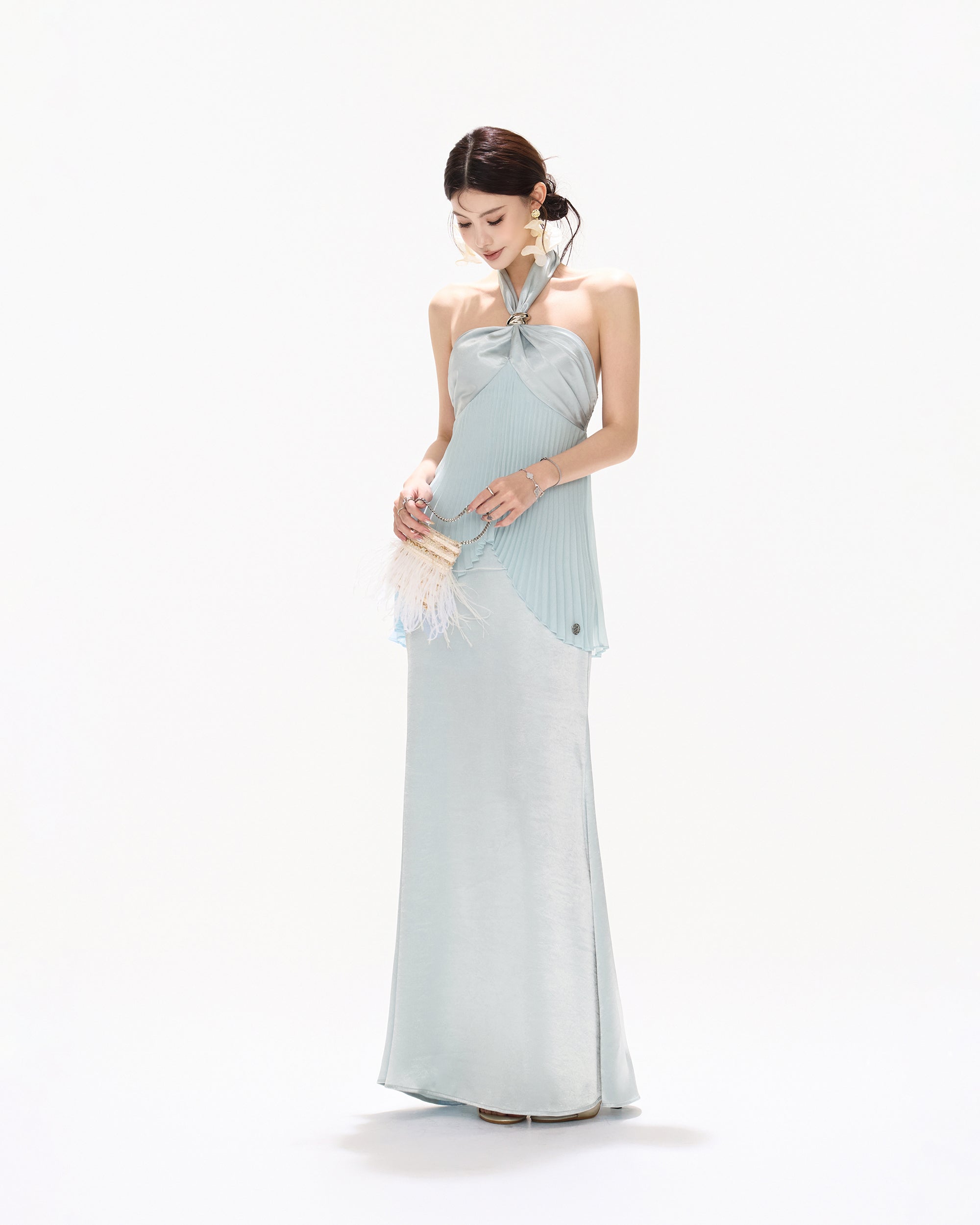 CYNR Pleated Tie-Neck Halter Maxi Dress