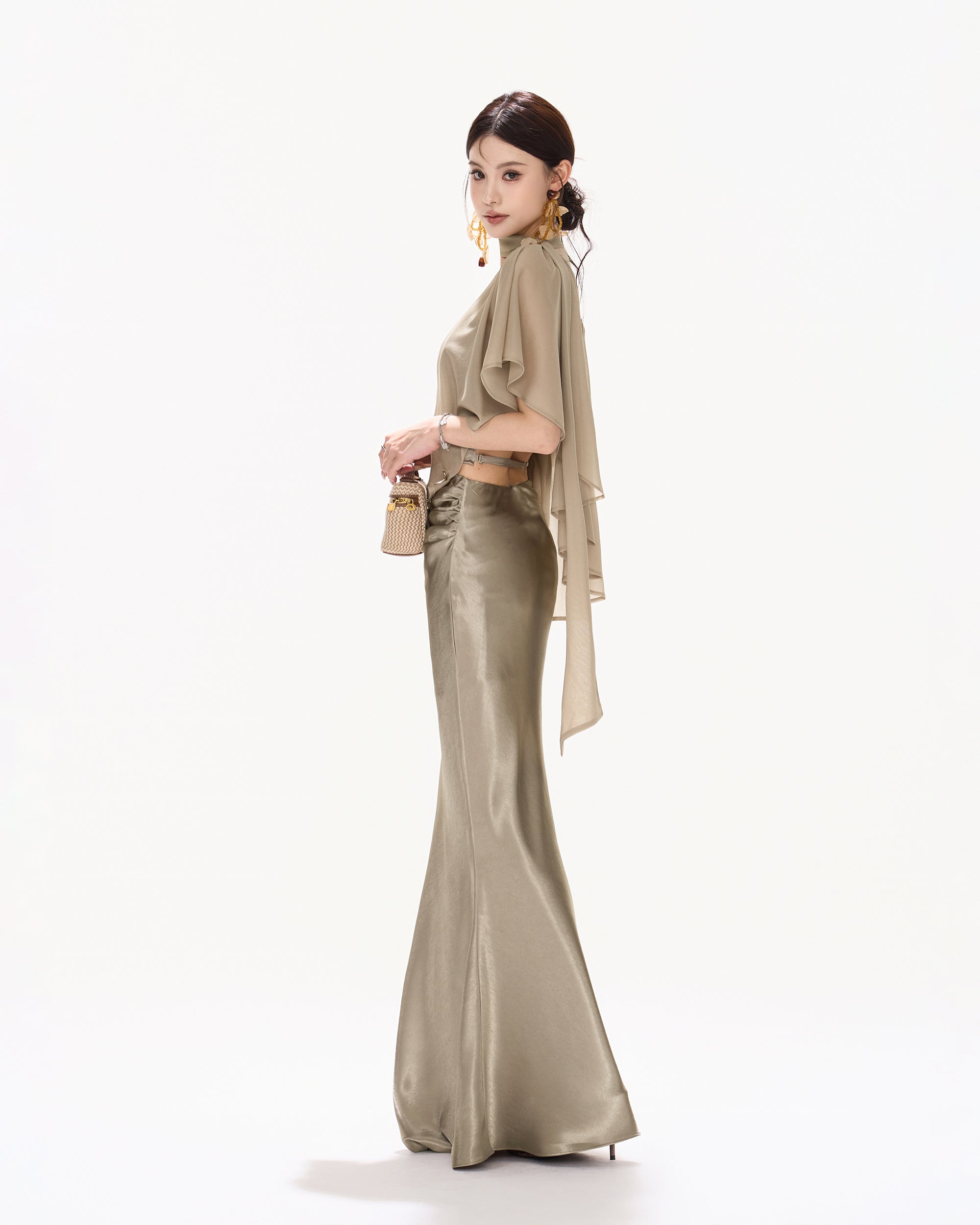 CYNR Acetate Satin Mermaid Maxi Skirt Khaki