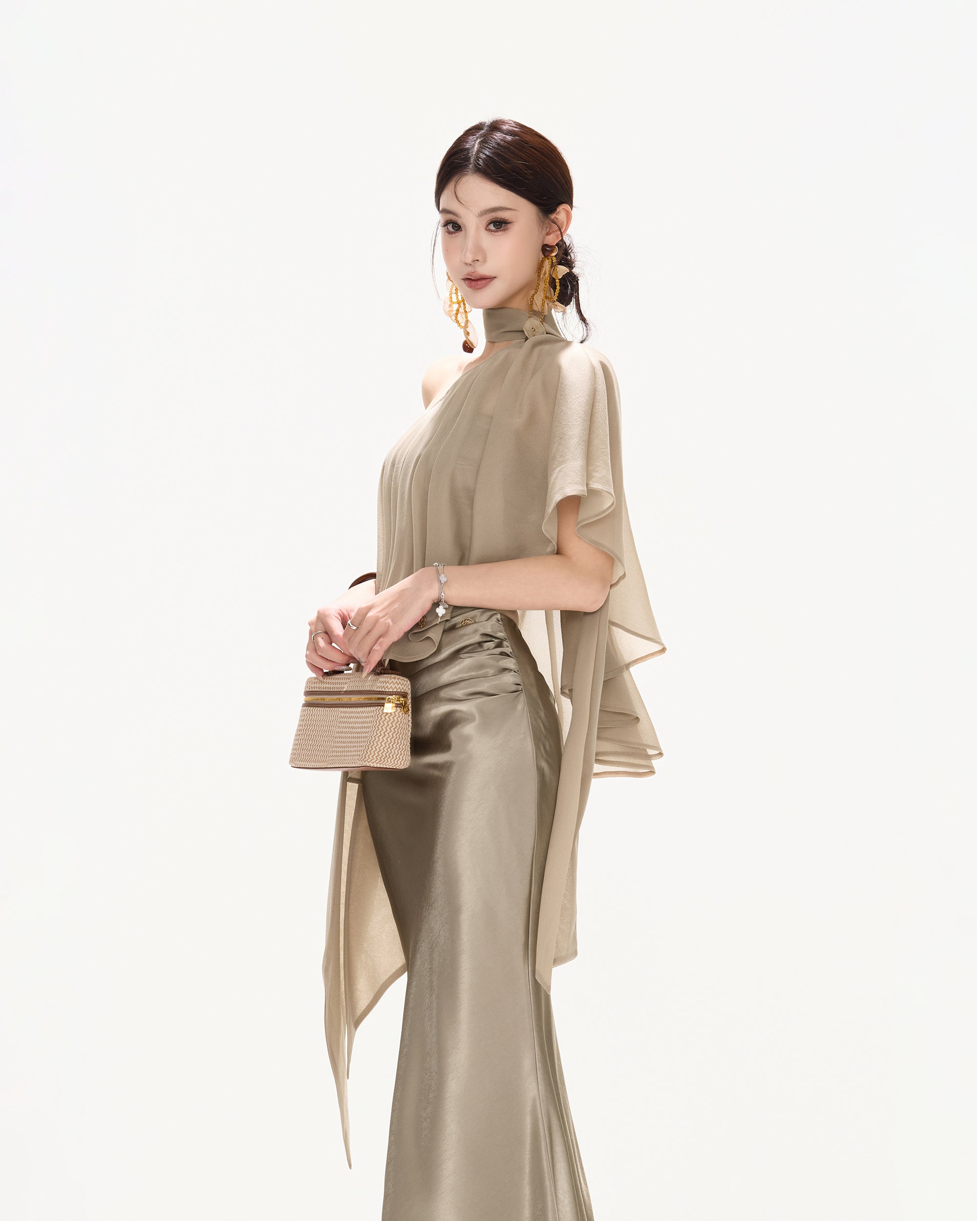 CYNR Acetate Satin Mermaid Maxi Skirt Khaki