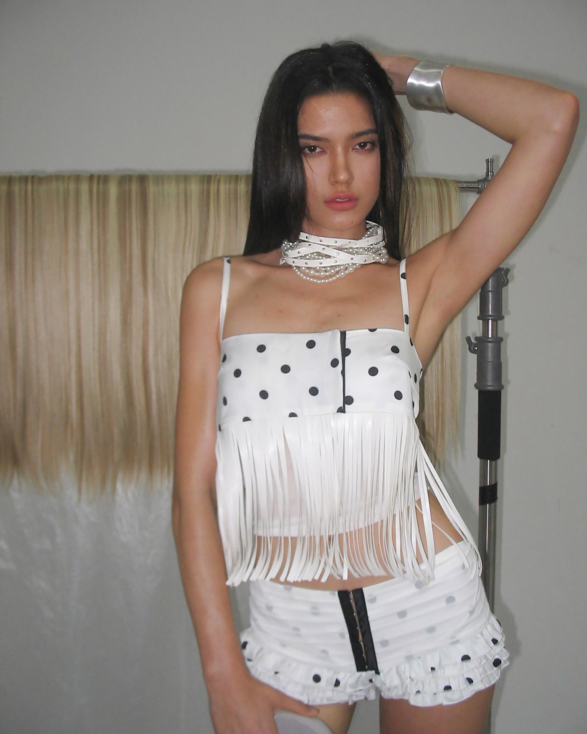 NEVER OFFEND L ANGEL Polka Dot Fringe Cami And Bubble Skort Set