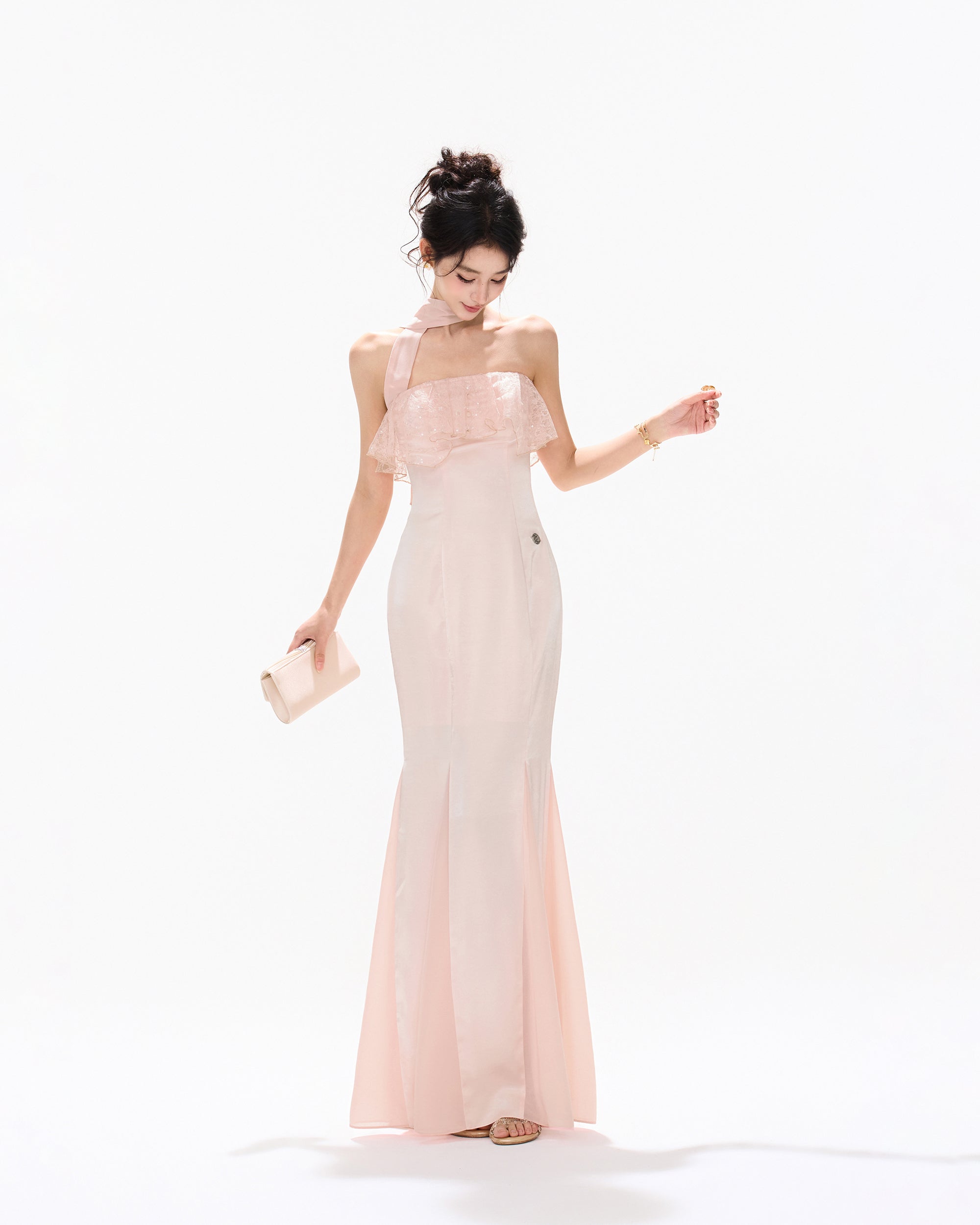 CYNR Lace Ruffle Strapless Mermaid Dress