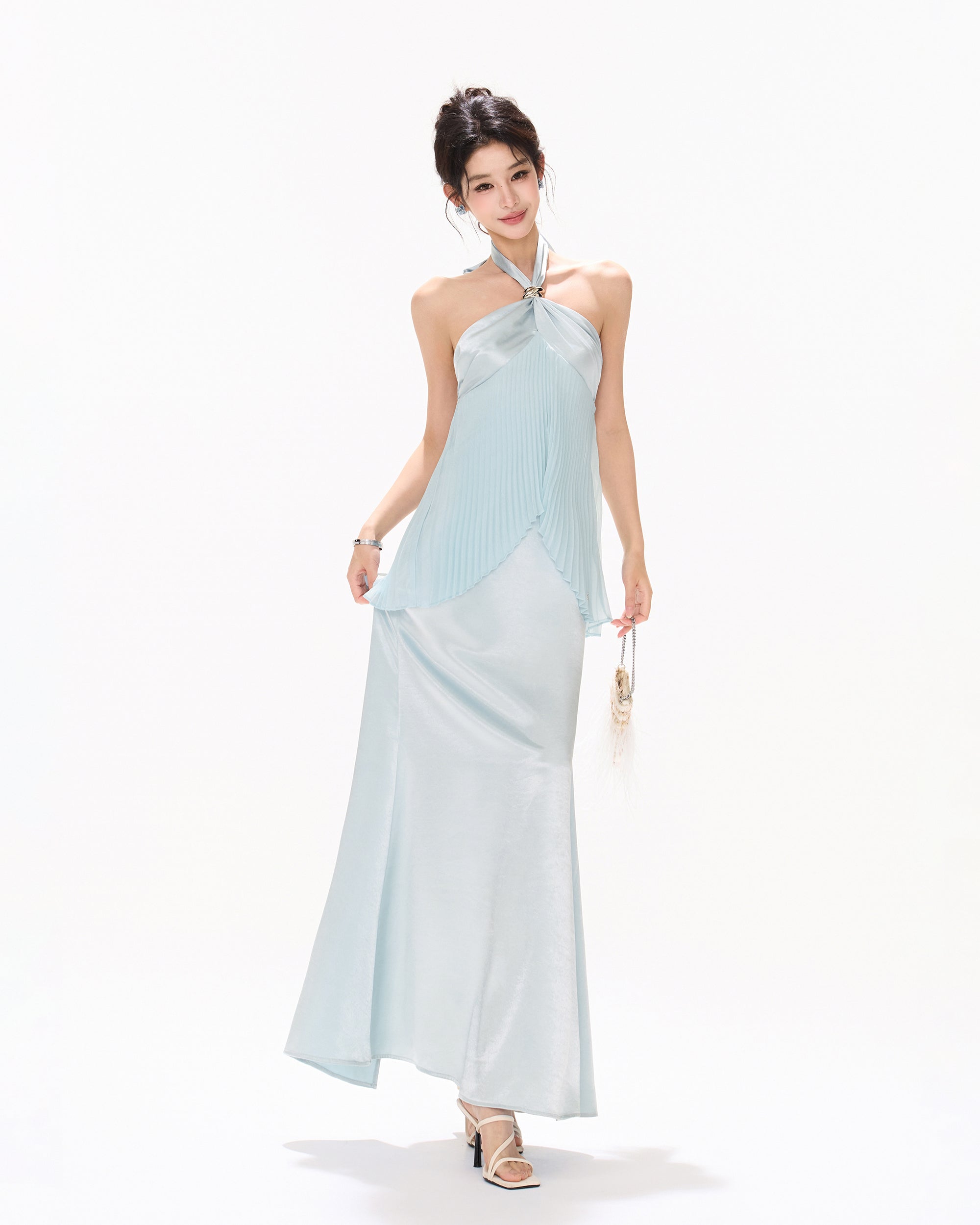 CYNR Pleated Tie-Neck Halter Maxi Dress