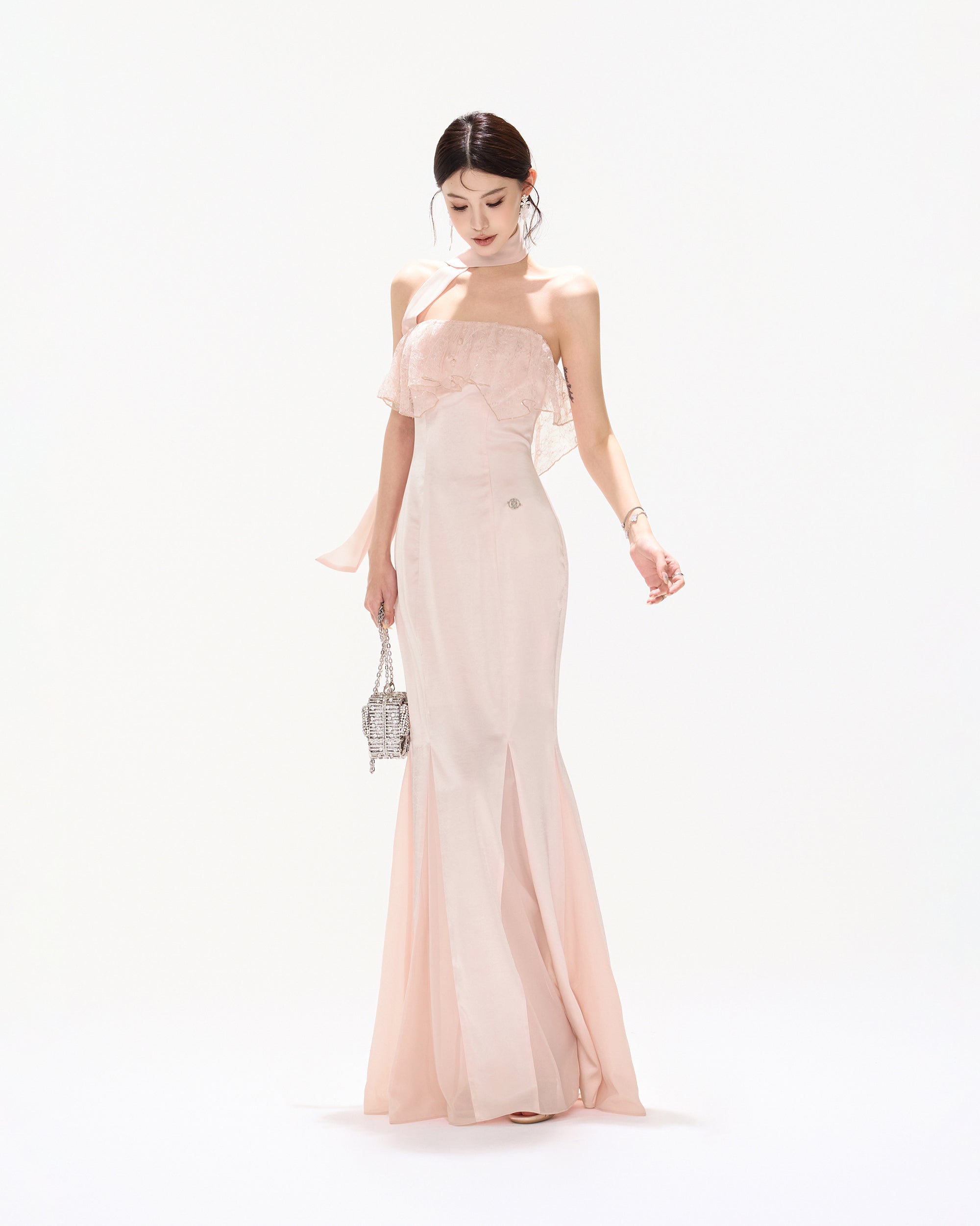 CYNR Lace Ruffle Strapless Mermaid Dress