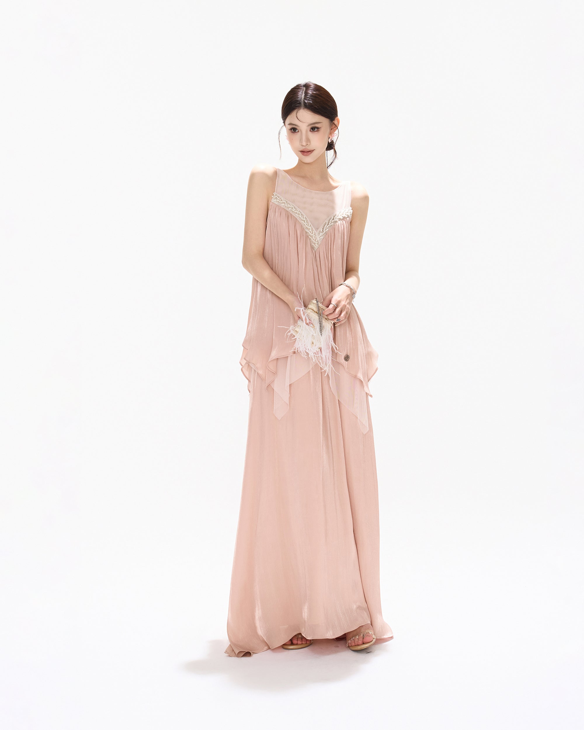 CYNR Beaded Shimmer Pleated Layered Maxi Dress