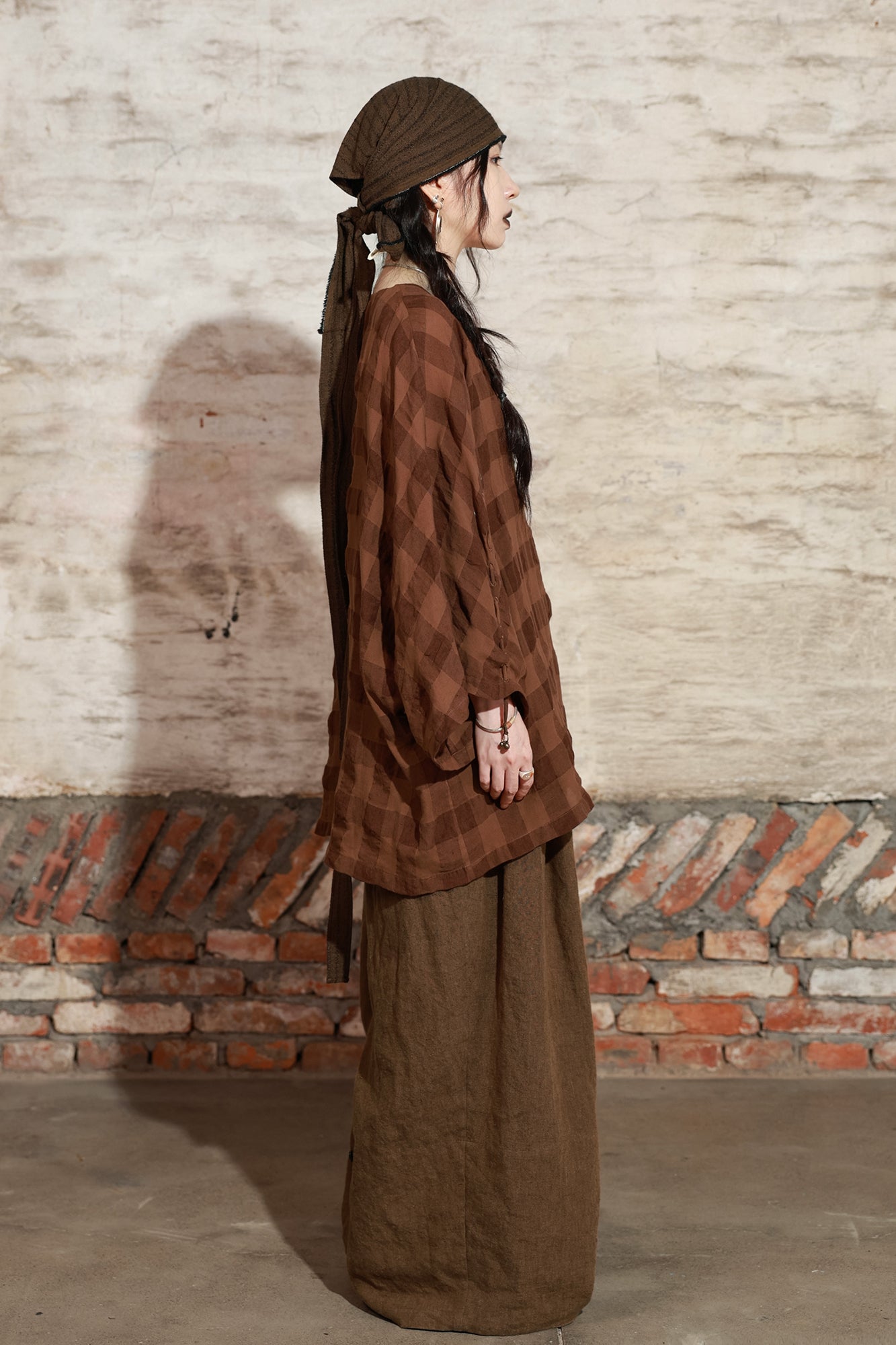 INCH LIM Plaid Drawstring Sleeve Top