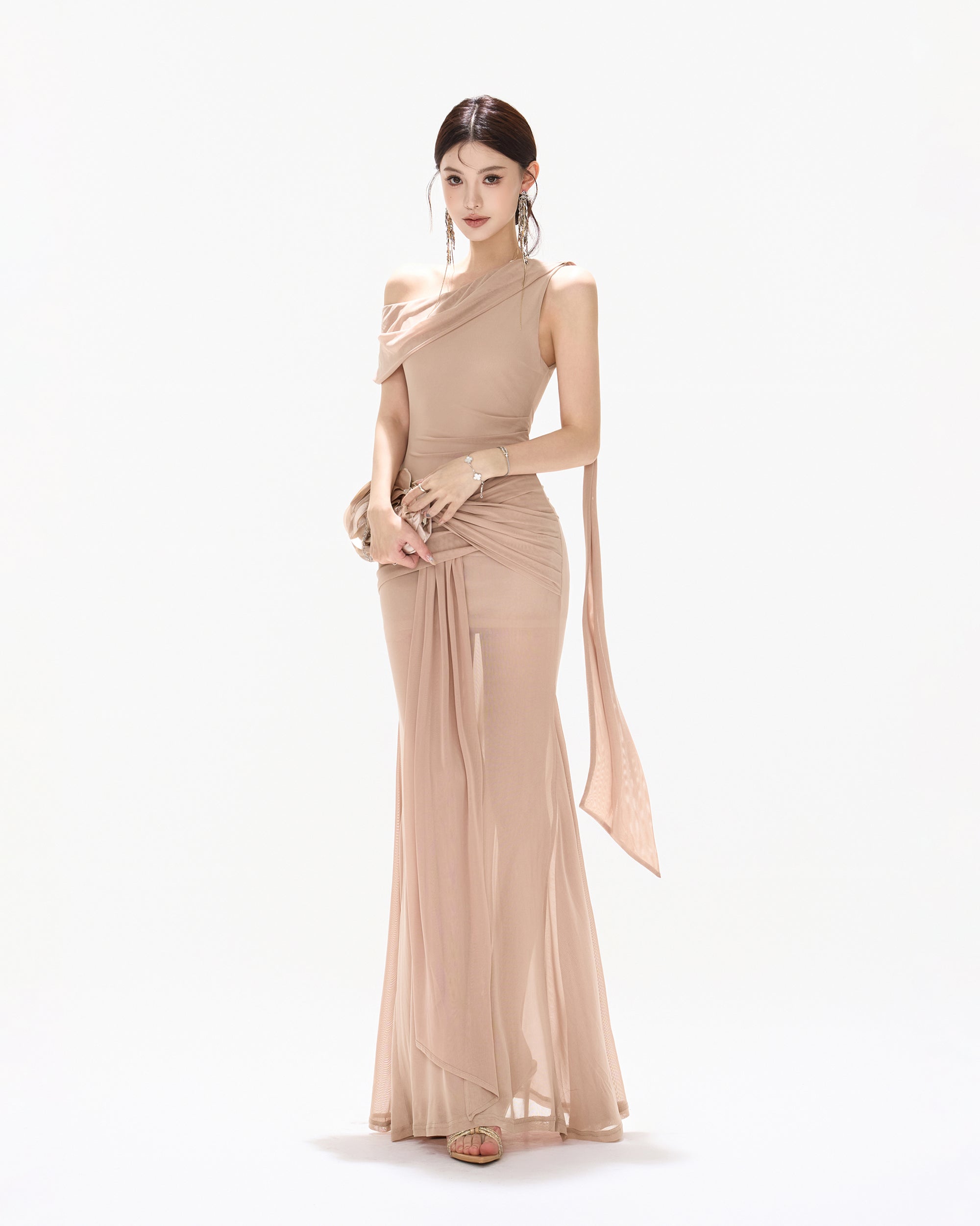 CYNR Twisted Ruched One-Shoulder Mermaid Dress