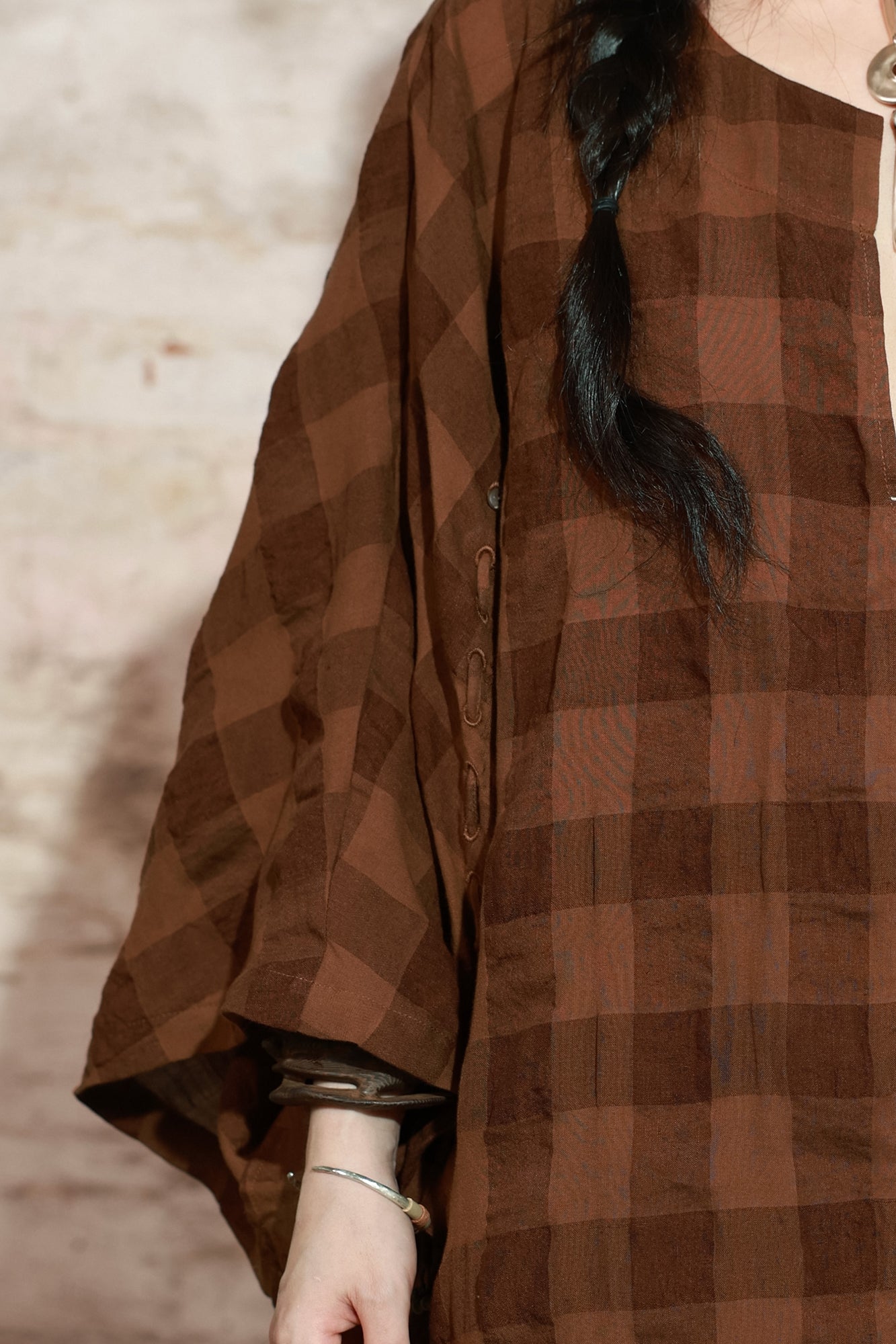 INCH LIM Plaid Drawstring Sleeve Top