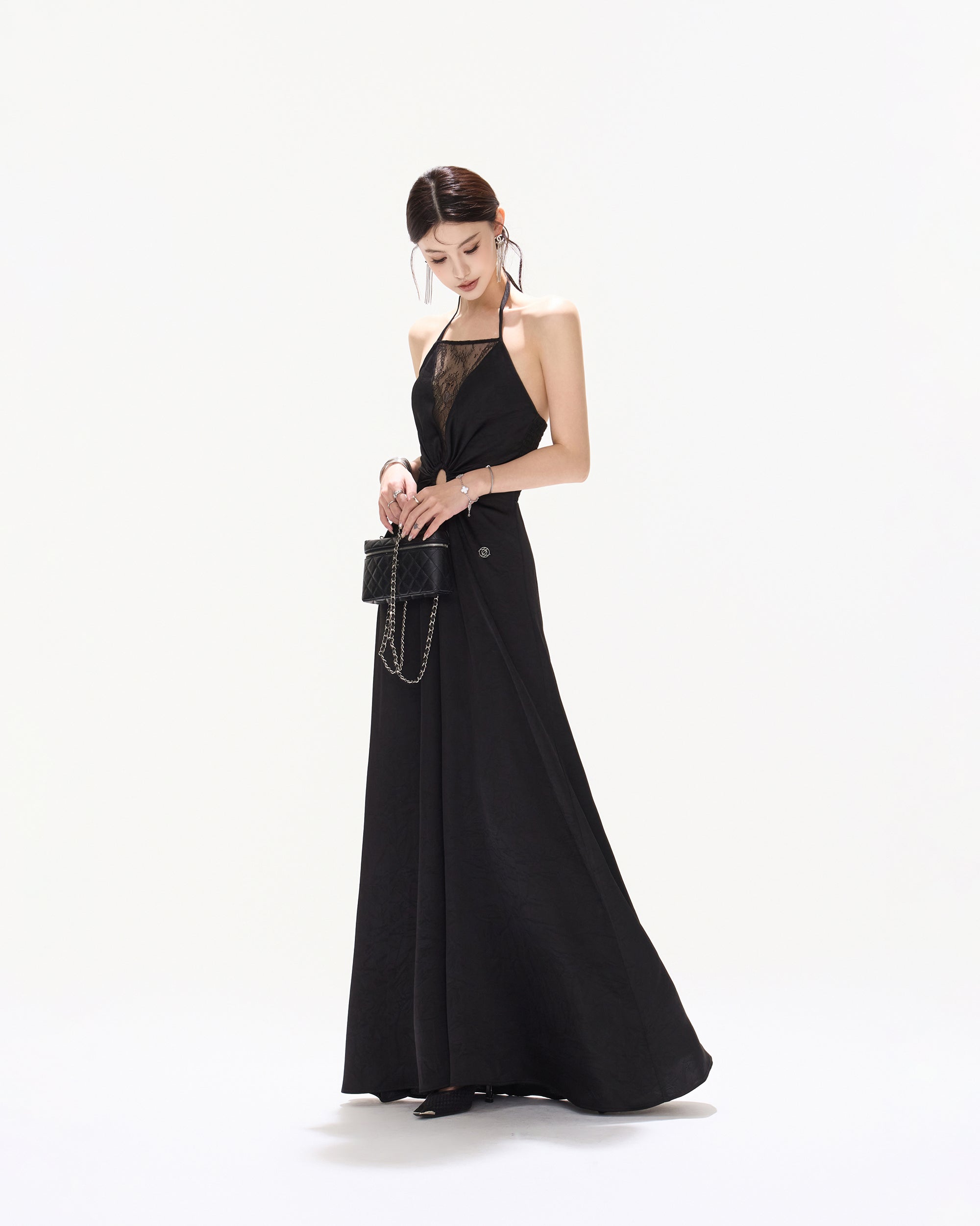CYNR Ruched Waist Lace V-Neck Halter Maxi Dress