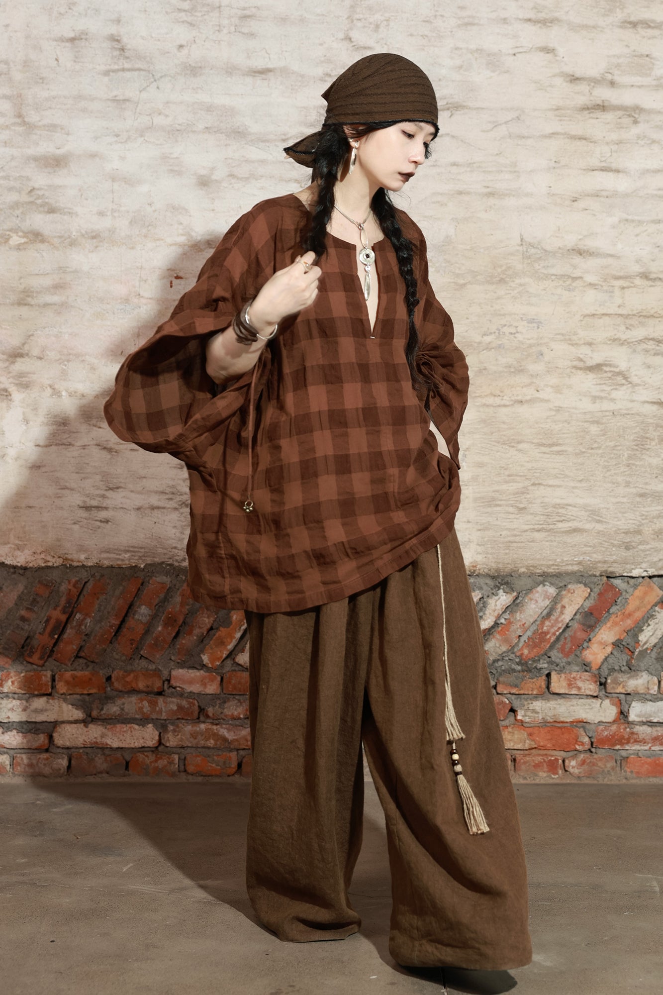 INCH LIM Plaid Drawstring Sleeve Top