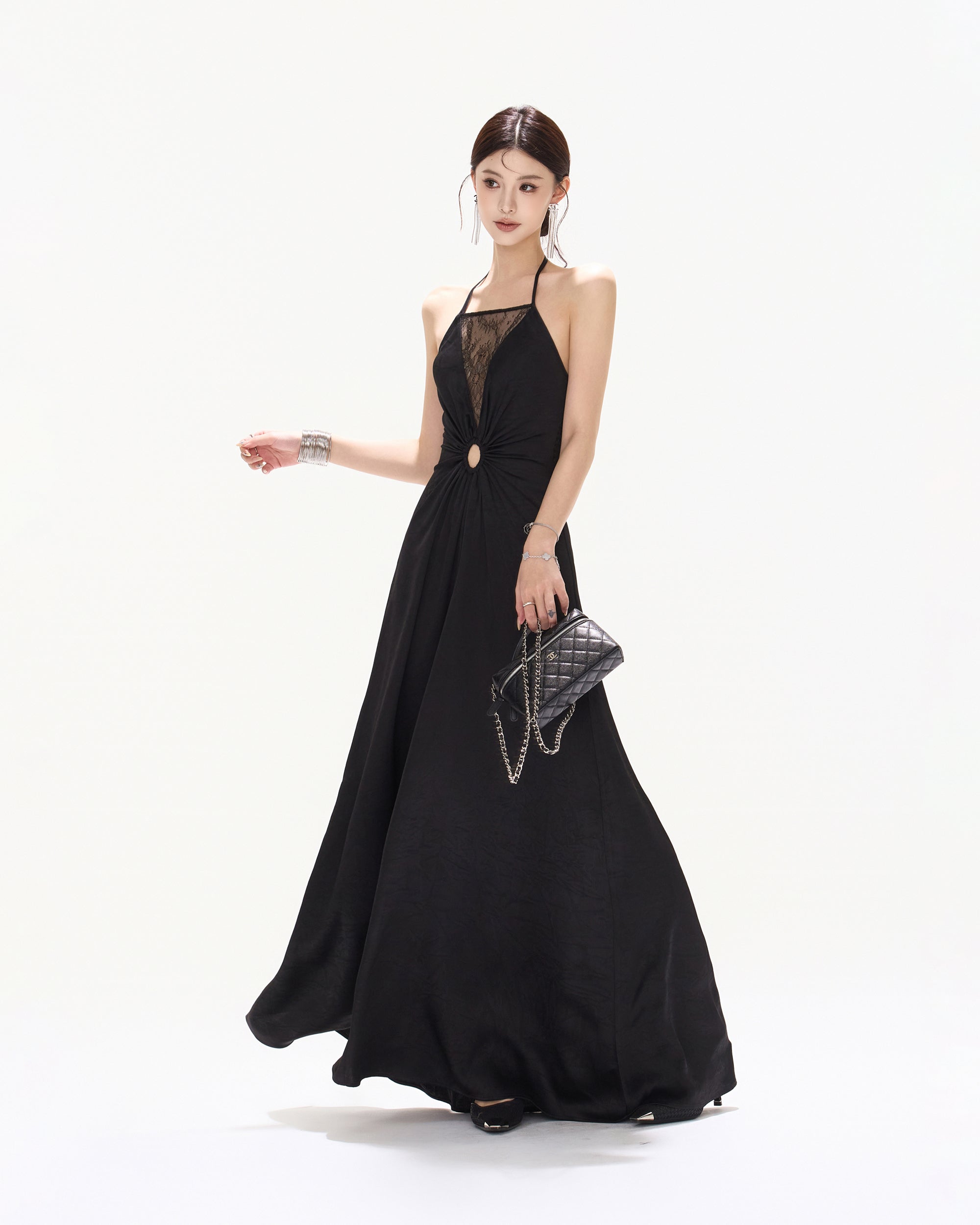 CYNR Ruched Waist Lace V-Neck Halter Maxi Dress