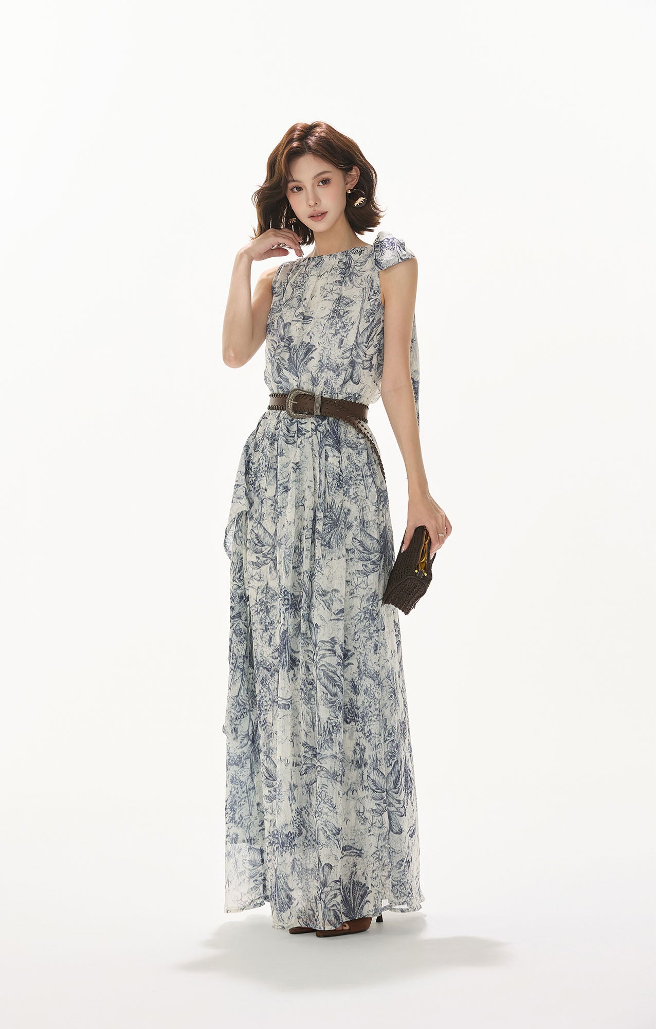 CYNR Ribbon-Shoulder Floral Full-Print Maxi Dress