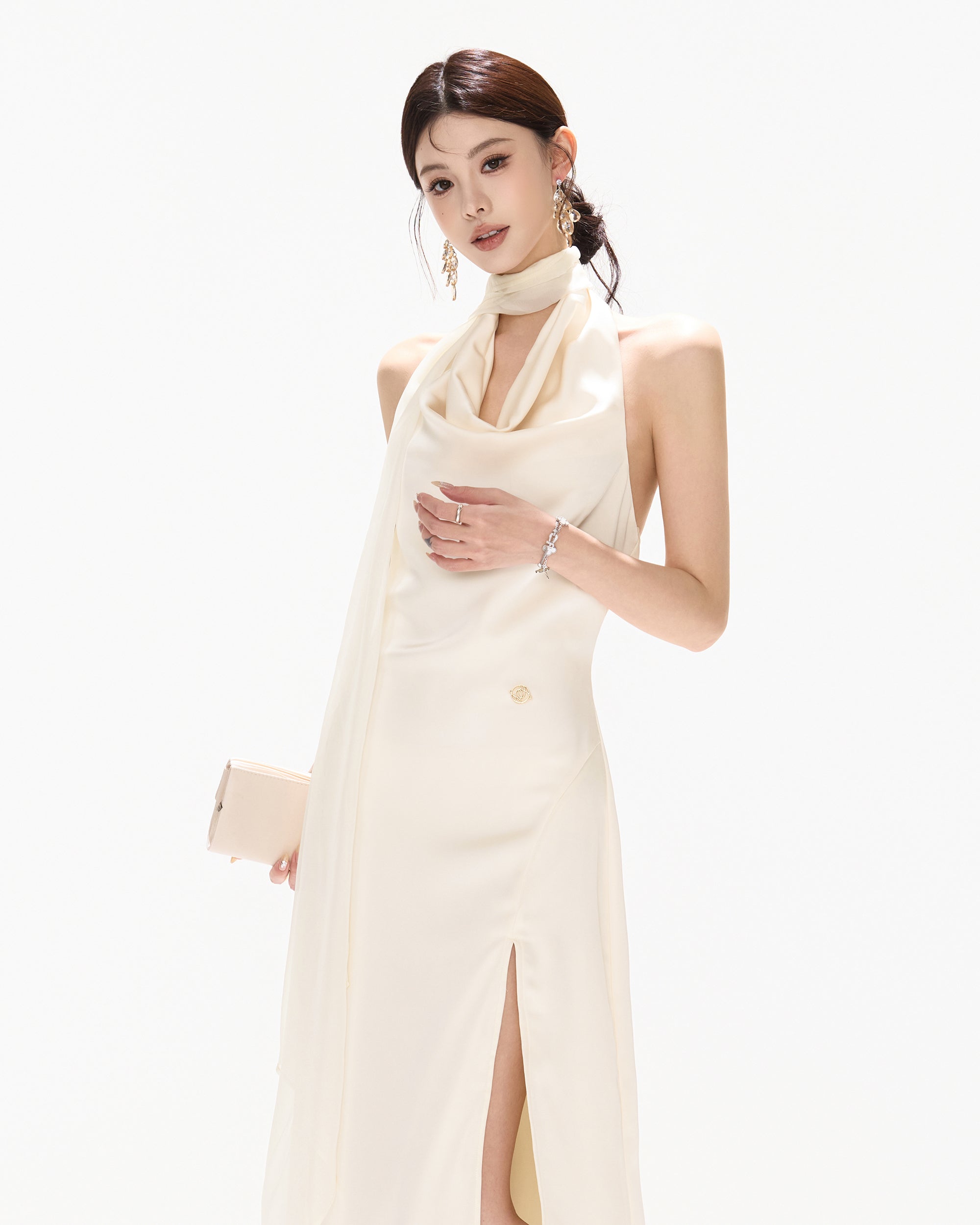 CYNR Draped Scarf-Neck Open-Back Satin Maxi Dress