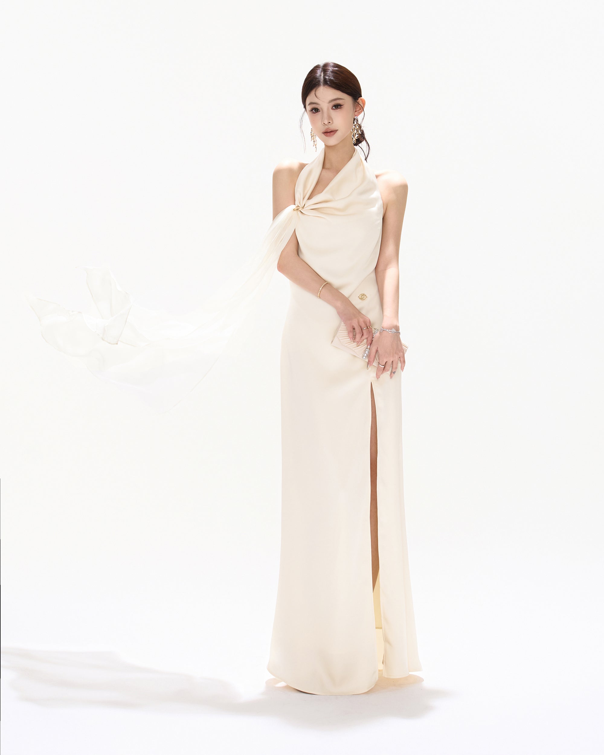 CYNR Draped Scarf-Neck Open-Back Satin Maxi Dress