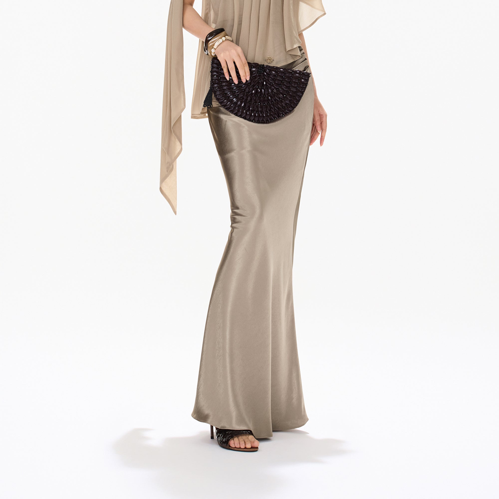 CYNR Acetate Satin Mermaid Maxi Skirt Khaki