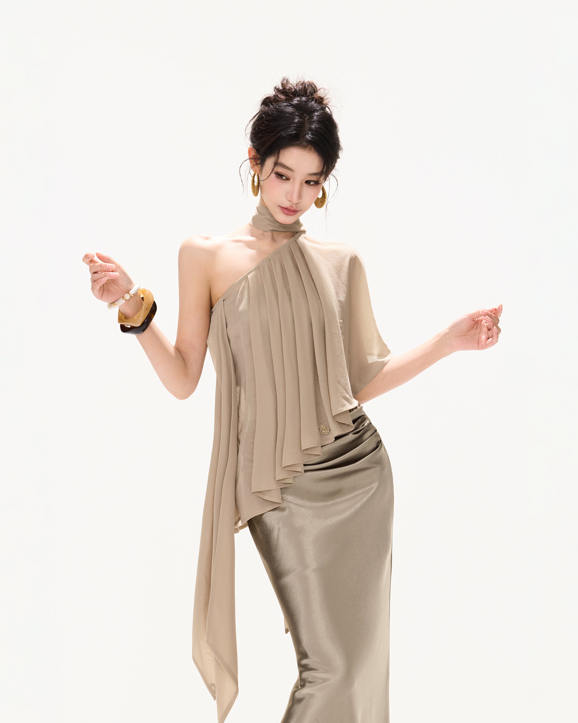 CYNR Acetate Satin Mermaid Maxi Skirt Khaki