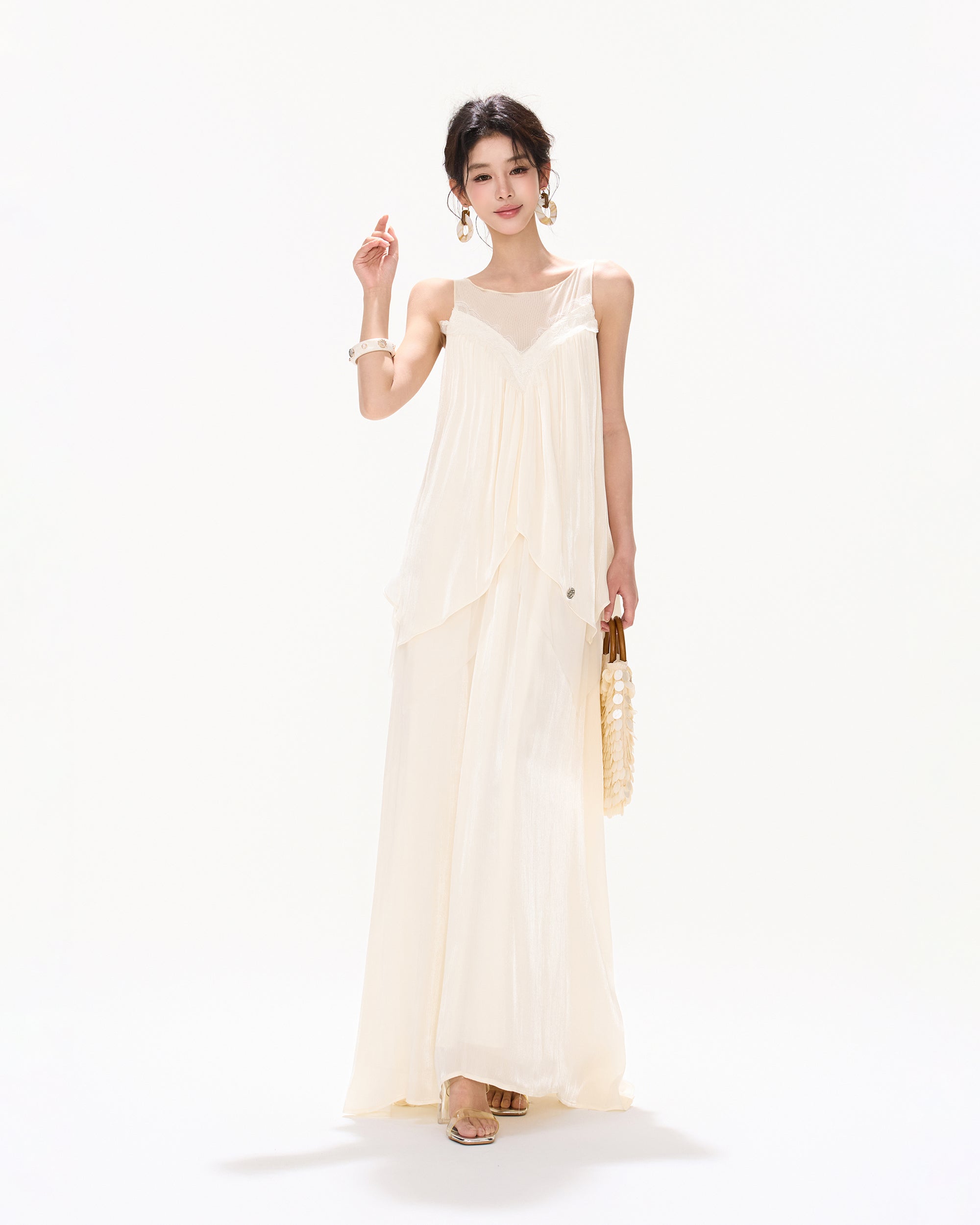 CYNR Layered Mesh-Spliced Sleeveless Maxi Dress