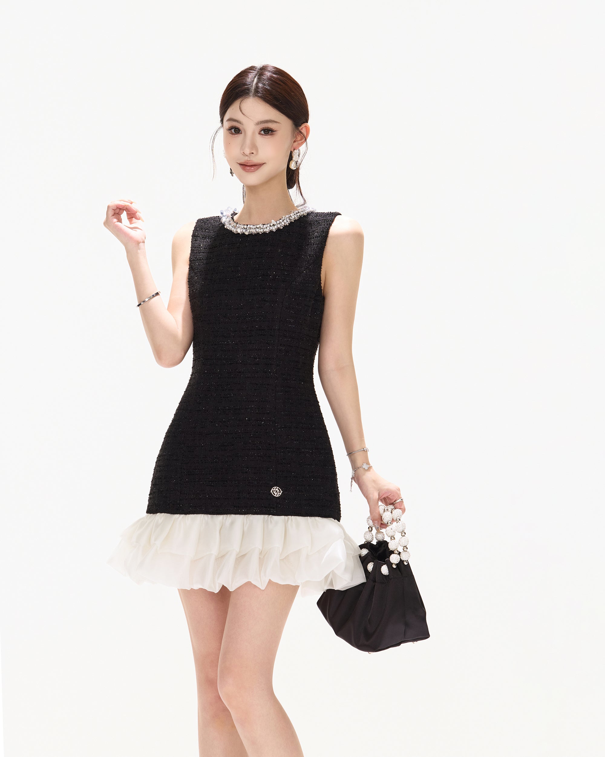 CYNR Embellished Ruffle-Hem Sleeveless Mini Dress