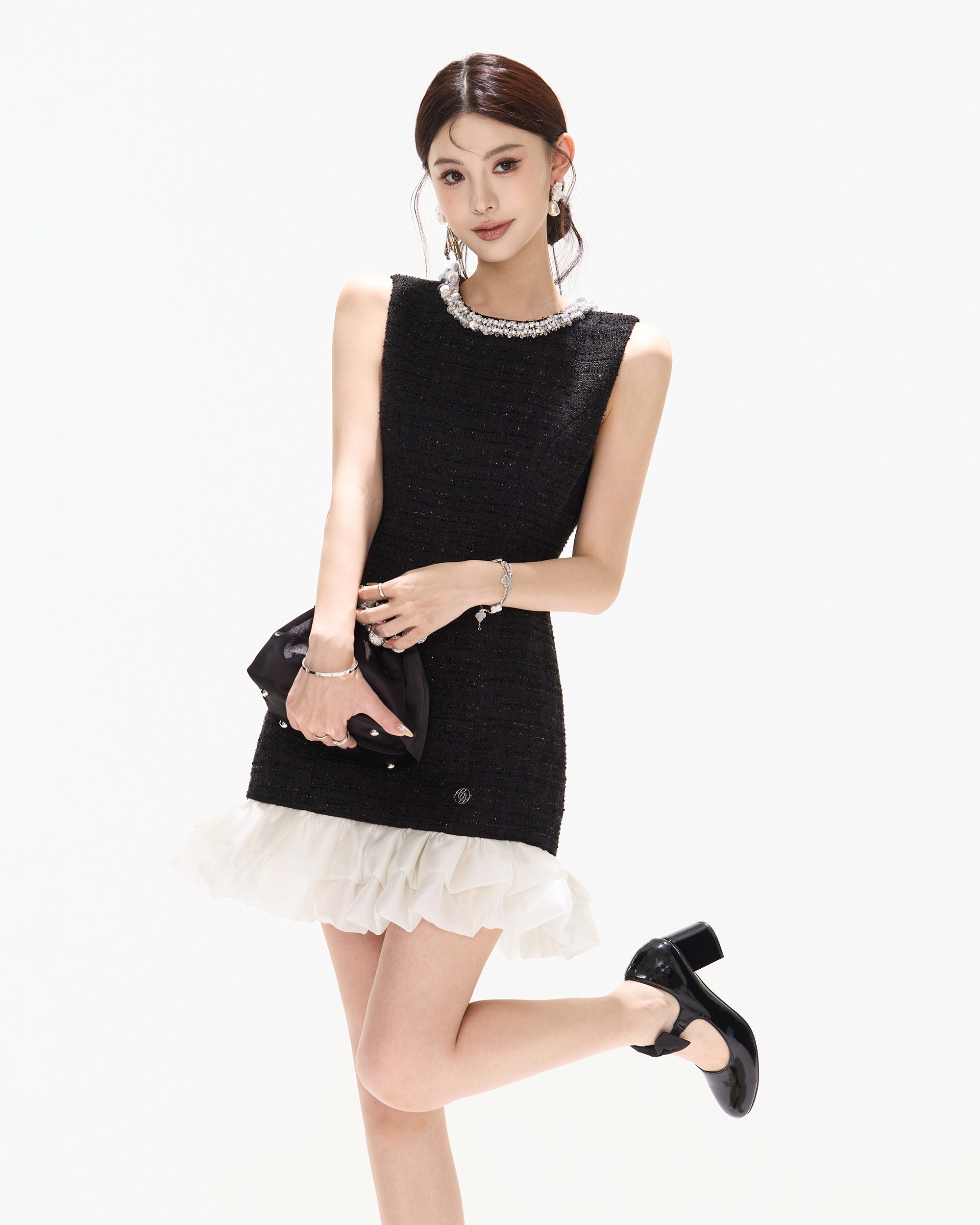 CYNR Embellished Ruffle-Hem Sleeveless Mini Dress